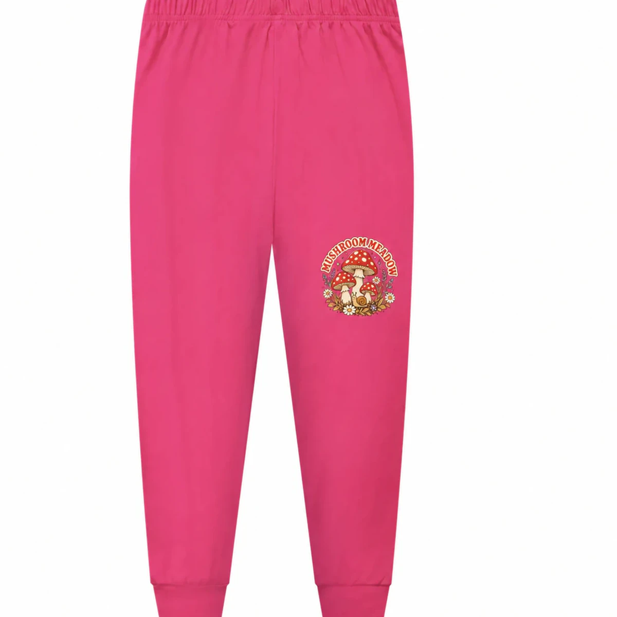 Mushroom Meadow Custom Kids Soft Pajama Pants AI-rendered from the exact blank product, showing integrated print and fabric detail