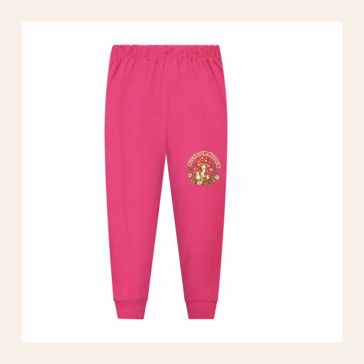 Mushroom Meadow Custom Kids Soft Pajama Pants AI-rendered from the exact blank product, shown in an alternate clean ecommerce presentation