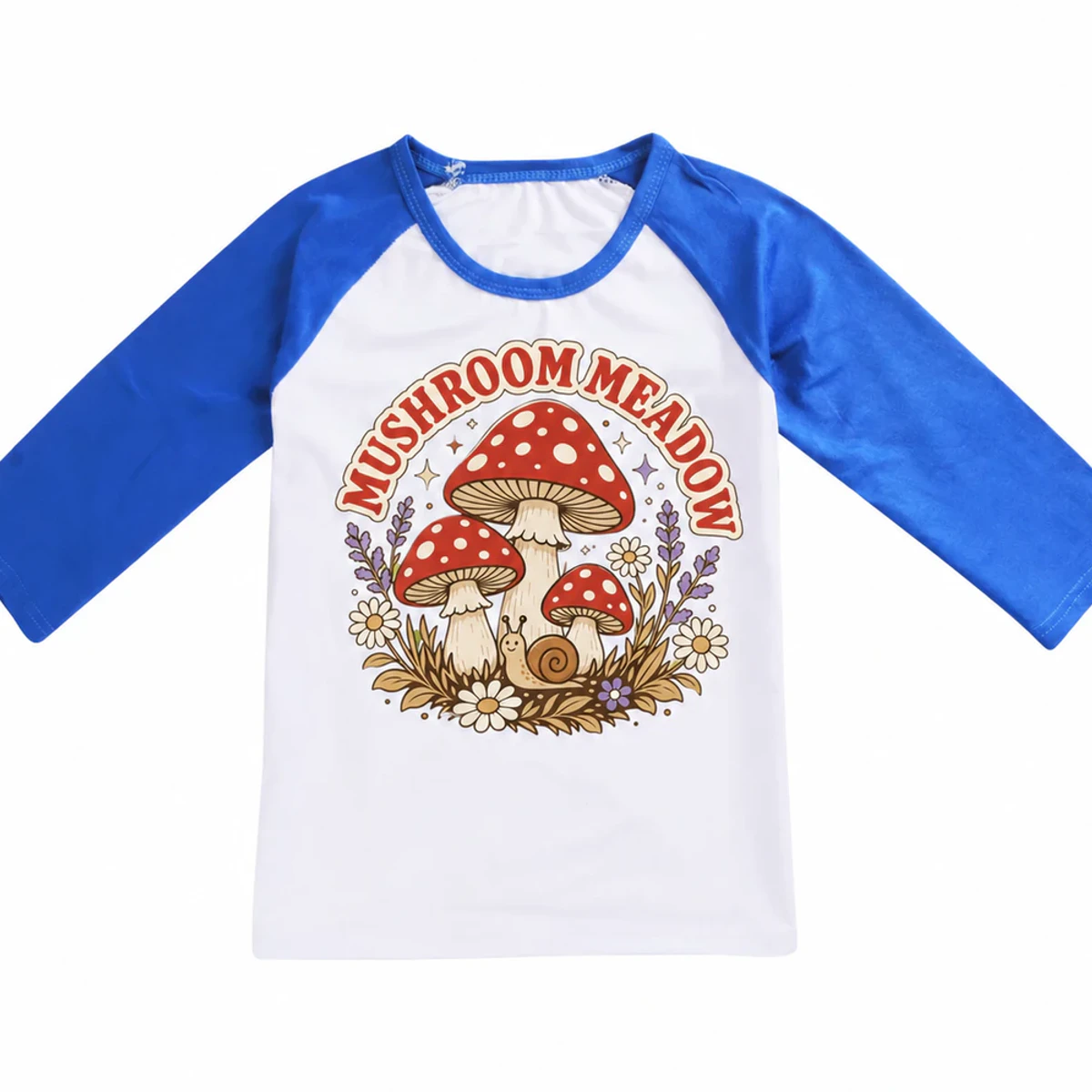 Mushroom Meadow Custom Kids Soft Three-Quarter-Sleeve Top — Alternate Style AI-rendered from the exact blank product, showing integrated print and fabric detail
