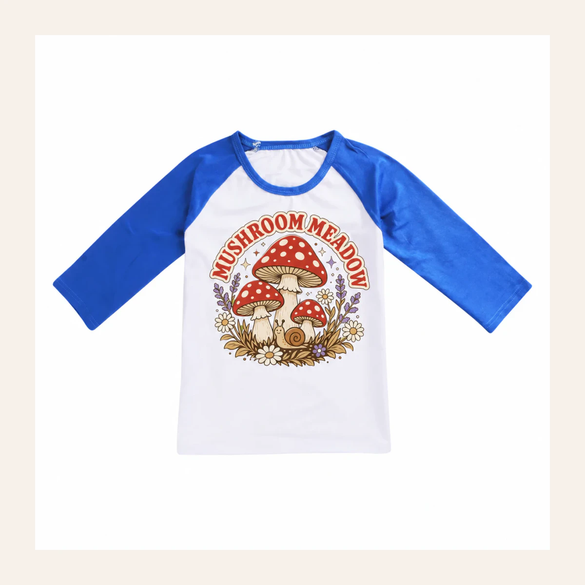 Mushroom Meadow Custom Kids Soft Three-Quarter-Sleeve Top — Alternate Style AI-rendered from the exact blank product, shown in an alternate clean ecommerce presentation