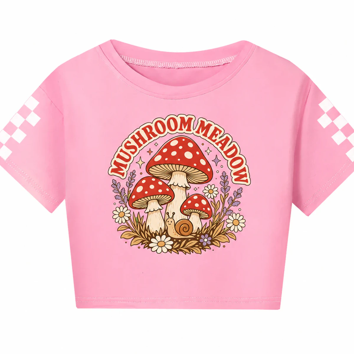 Mushroom Meadow Custom Kids Checker-Sleeve Cropped Short-Sleeve Top AI-rendered from the exact blank product, showing integrated print and fabric detail