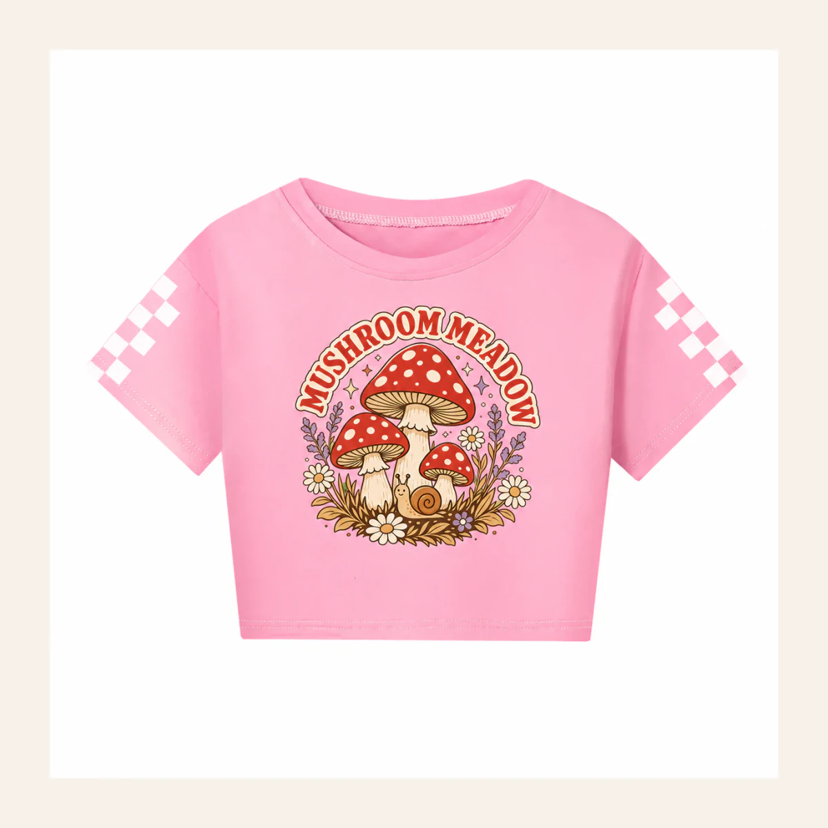 Mushroom Meadow Custom Kids Checker-Sleeve Cropped Short-Sleeve Top AI-rendered from the exact blank product, shown in an alternate clean ecommerce presentation