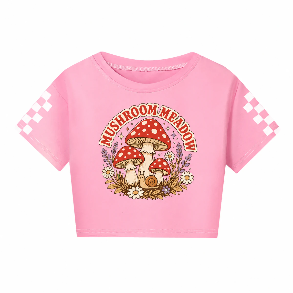 Mushroom Meadow Checker-Sleeve Cropped Short-Sleeve Top for Kids product preview