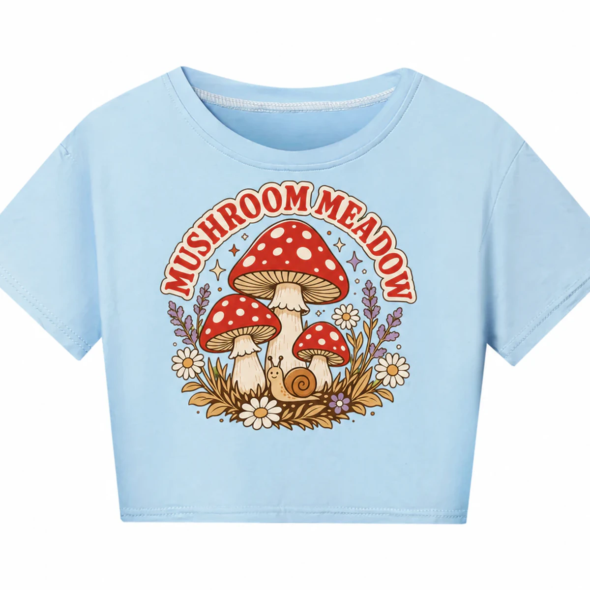 Mushroom Meadow Custom Kids Cropped Short-Sleeve Top AI-rendered from the exact blank product, showing integrated print and fabric detail