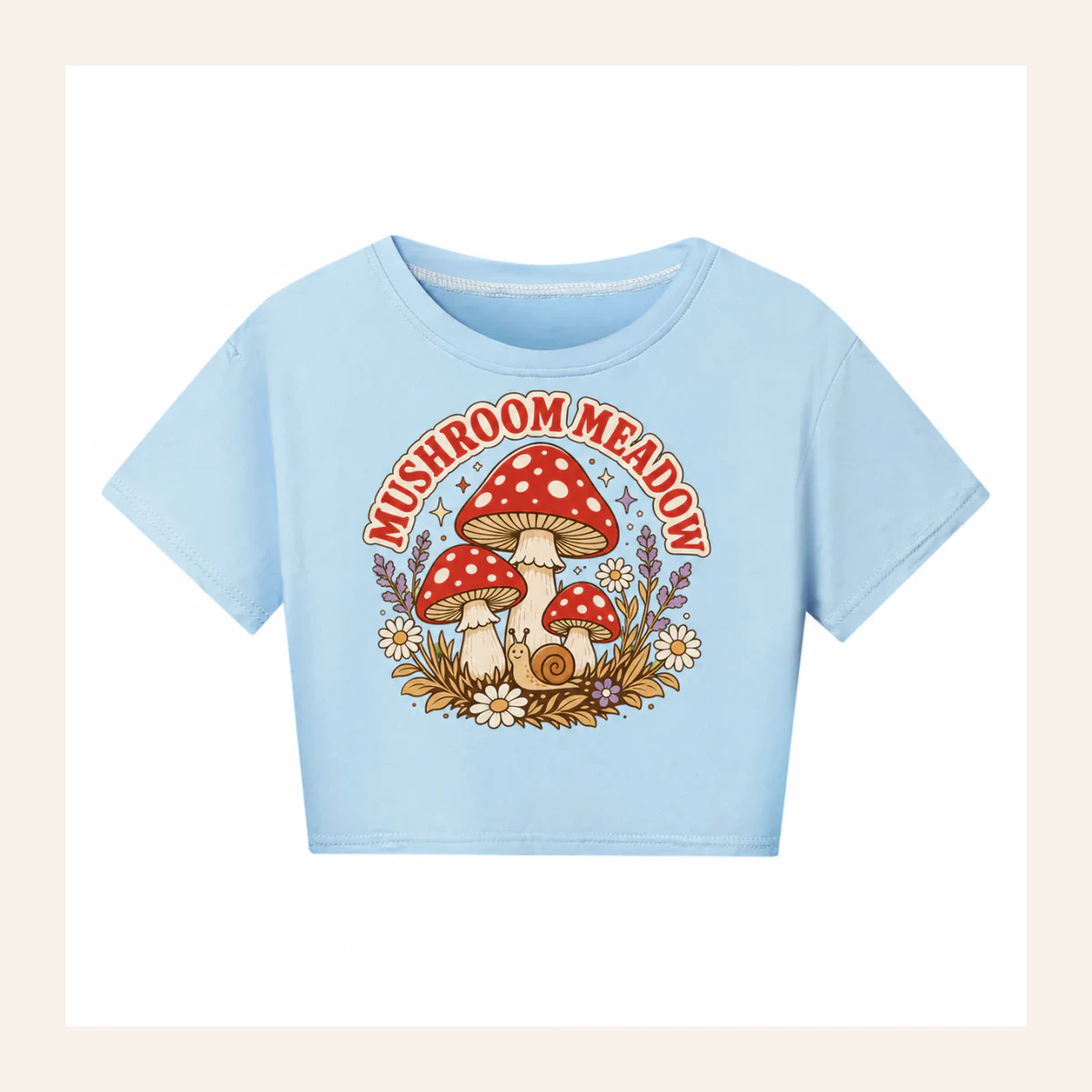 Mushroom Meadow Custom Kids Cropped Short-Sleeve Top AI-rendered from the exact blank product, shown in an alternate clean ecommerce presentation