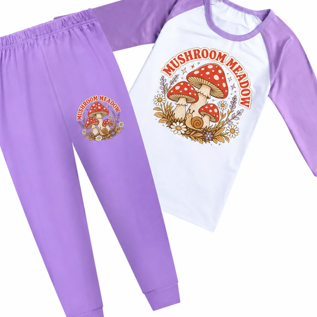 Mushroom Meadow Custom Kids Three-Quarter-Sleeve Raglan Top & Pants Set AI-rendered from the exact blank product, showing integrated print and fabric detail