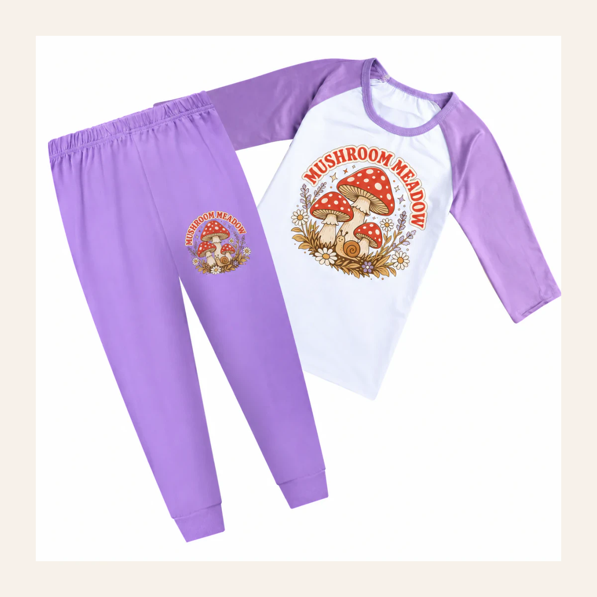 Mushroom Meadow Custom Kids Three-Quarter-Sleeve Raglan Top & Pants Set AI-rendered from the exact blank product, shown in an alternate clean ecommerce presentation