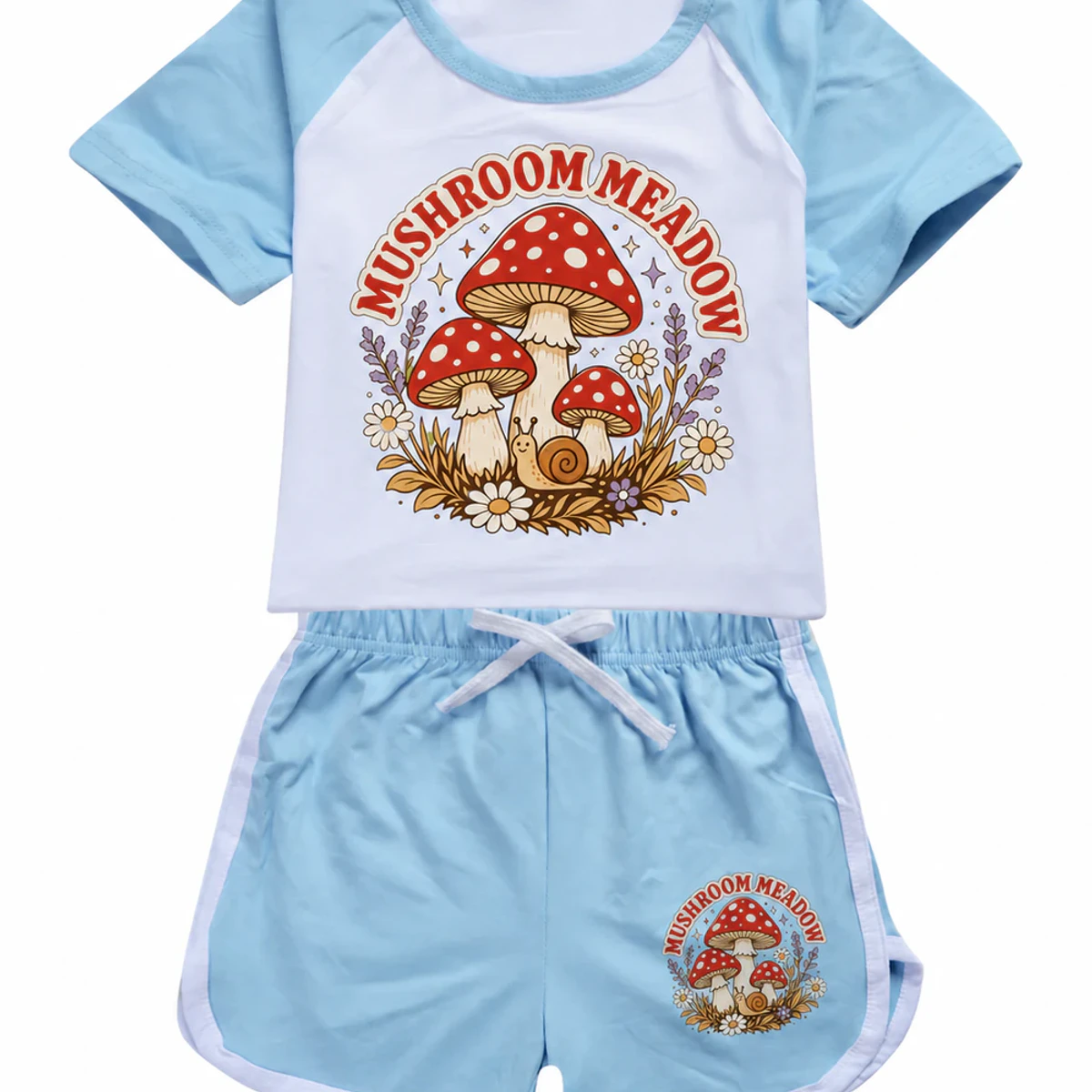 Mushroom Meadow Custom Kids Summer Sports Set AI-rendered from the exact blank product, showing integrated print and fabric detail