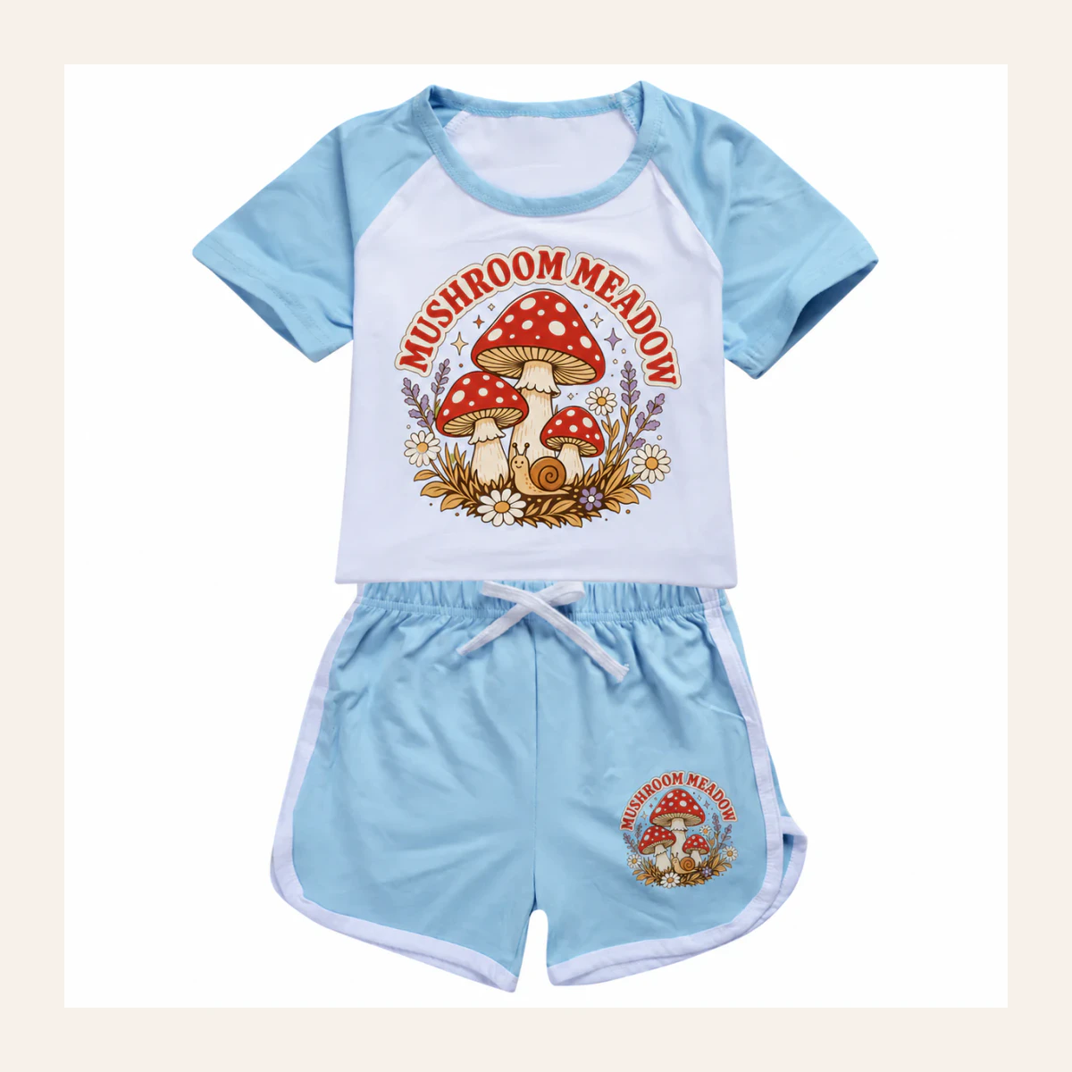 Mushroom Meadow Custom Kids Summer Sports Set AI-rendered from the exact blank product, shown in an alternate clean ecommerce presentation