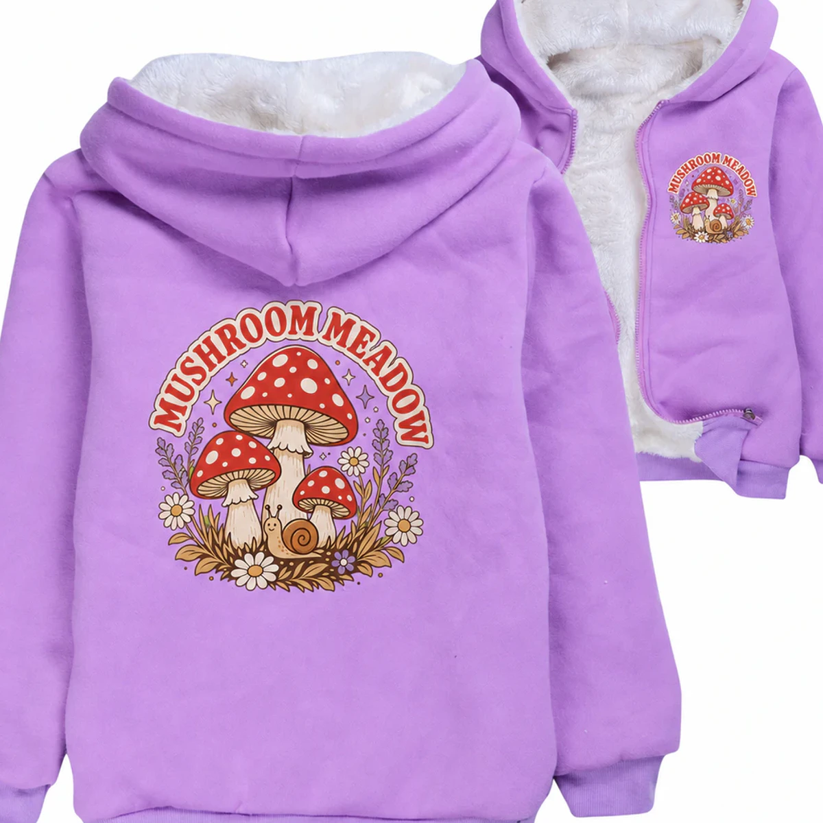 Mushroom Meadow Custom Kids Thick Zip Winter Jacket AI-rendered from the exact blank product, showing integrated print and fabric detail