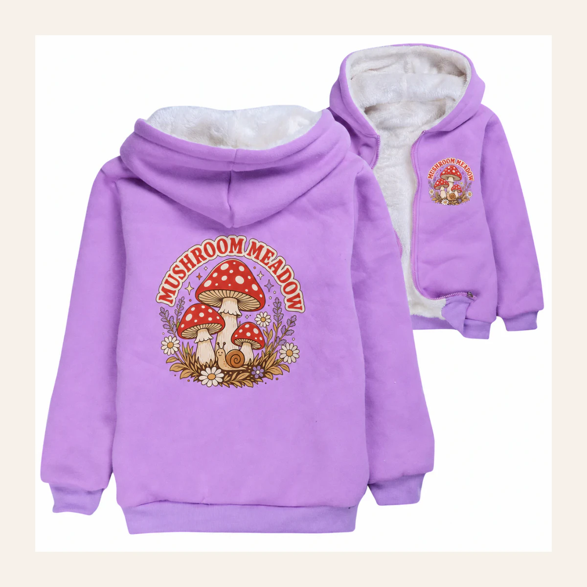 Mushroom Meadow Custom Kids Thick Zip Winter Jacket AI-rendered from the exact blank product, shown in an alternate clean ecommerce presentation