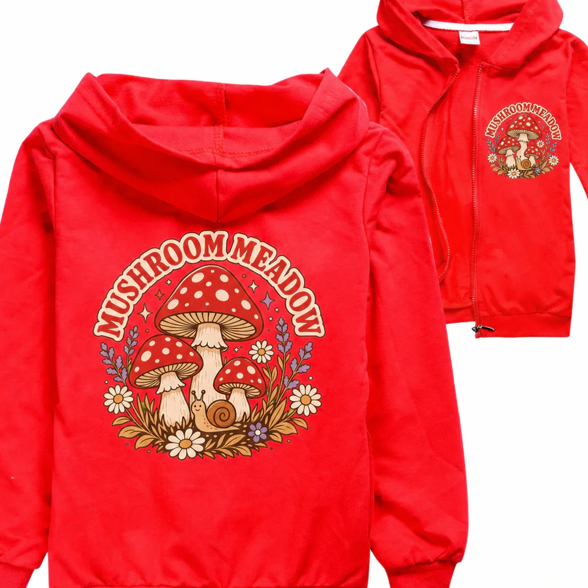Mushroom Meadow Custom Kids Zip-Up Cardigan Jacket AI-rendered from the exact blank product, showing integrated print and fabric detail