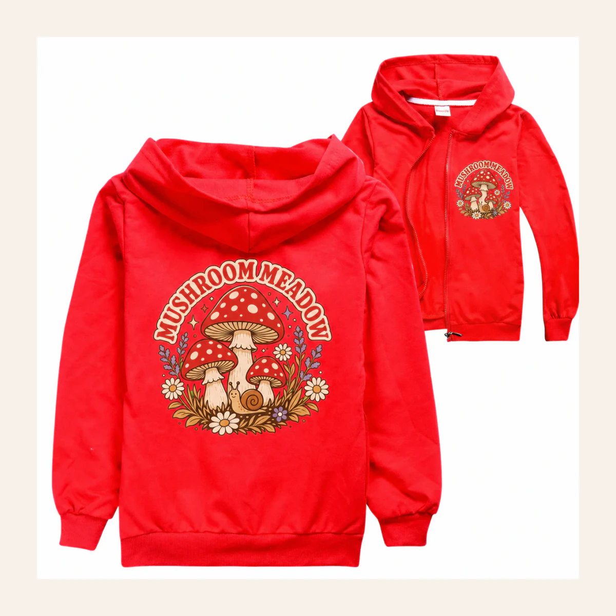 Mushroom Meadow Custom Kids Zip-Up Cardigan Jacket AI-rendered from the exact blank product, shown in an alternate clean ecommerce presentation