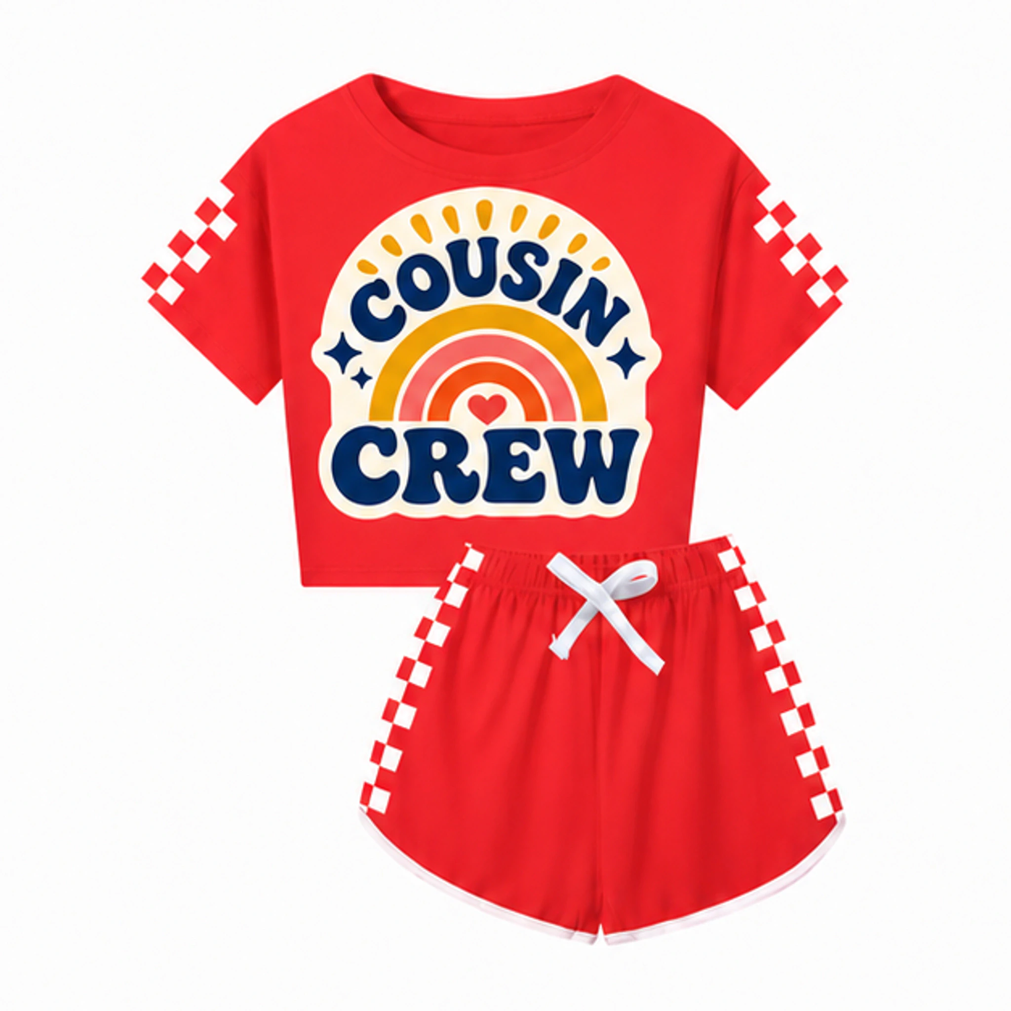 Red Custom Family Checker Short-Sleeve Top and Shorts Set with the Cousin Crew design