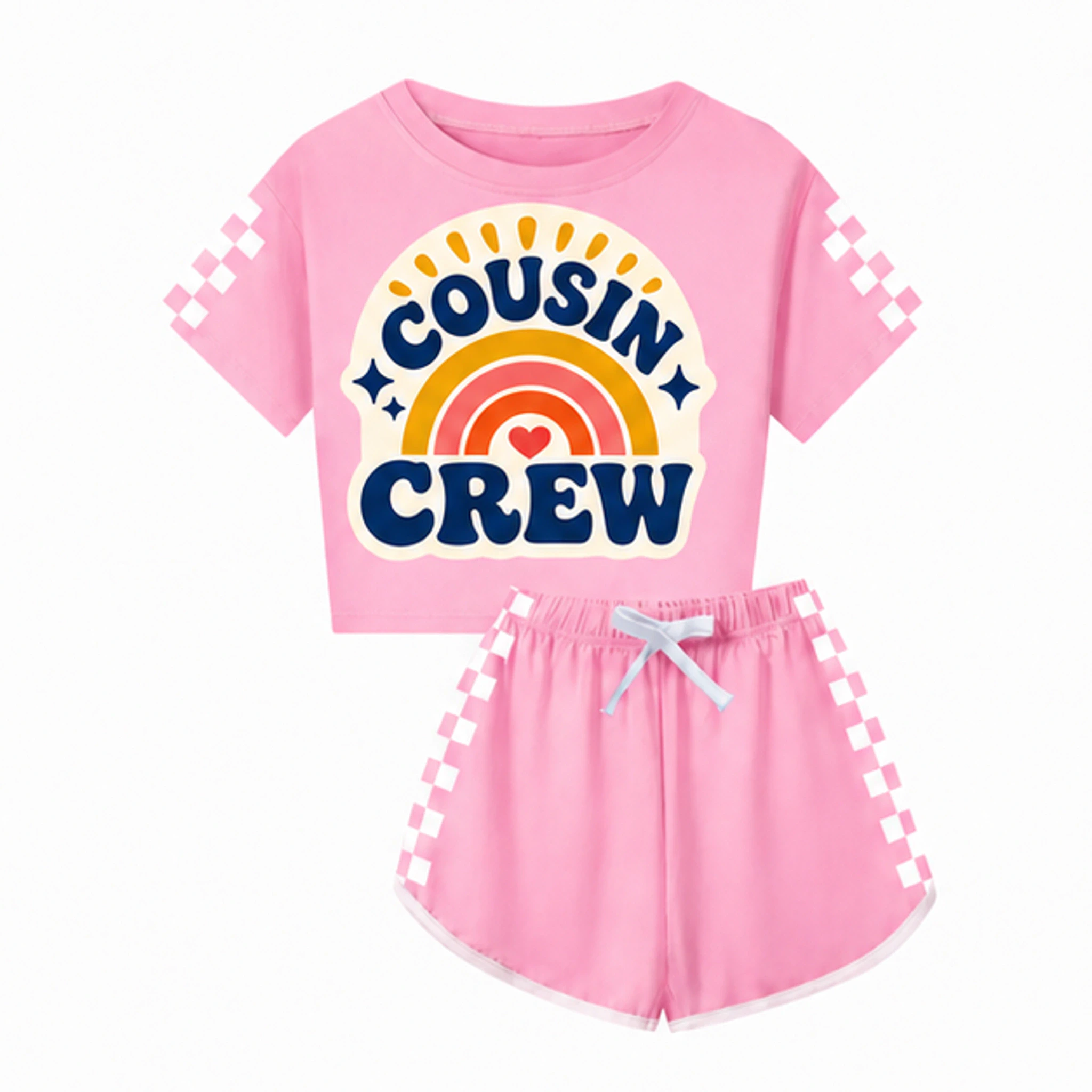 Pink Custom Family Checker Short-Sleeve Top and Shorts Set with the Cousin Crew design