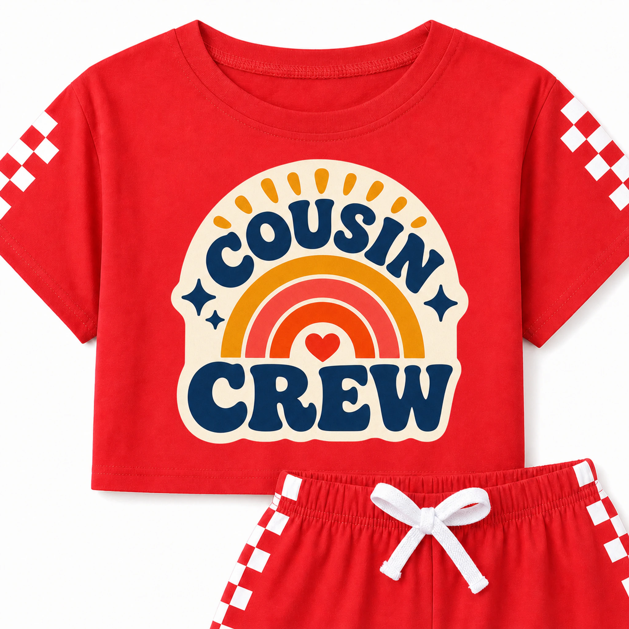Cousin Crew Custom Family Checker Short-Sleeve Top and Shorts Set print, fabric, and construction details