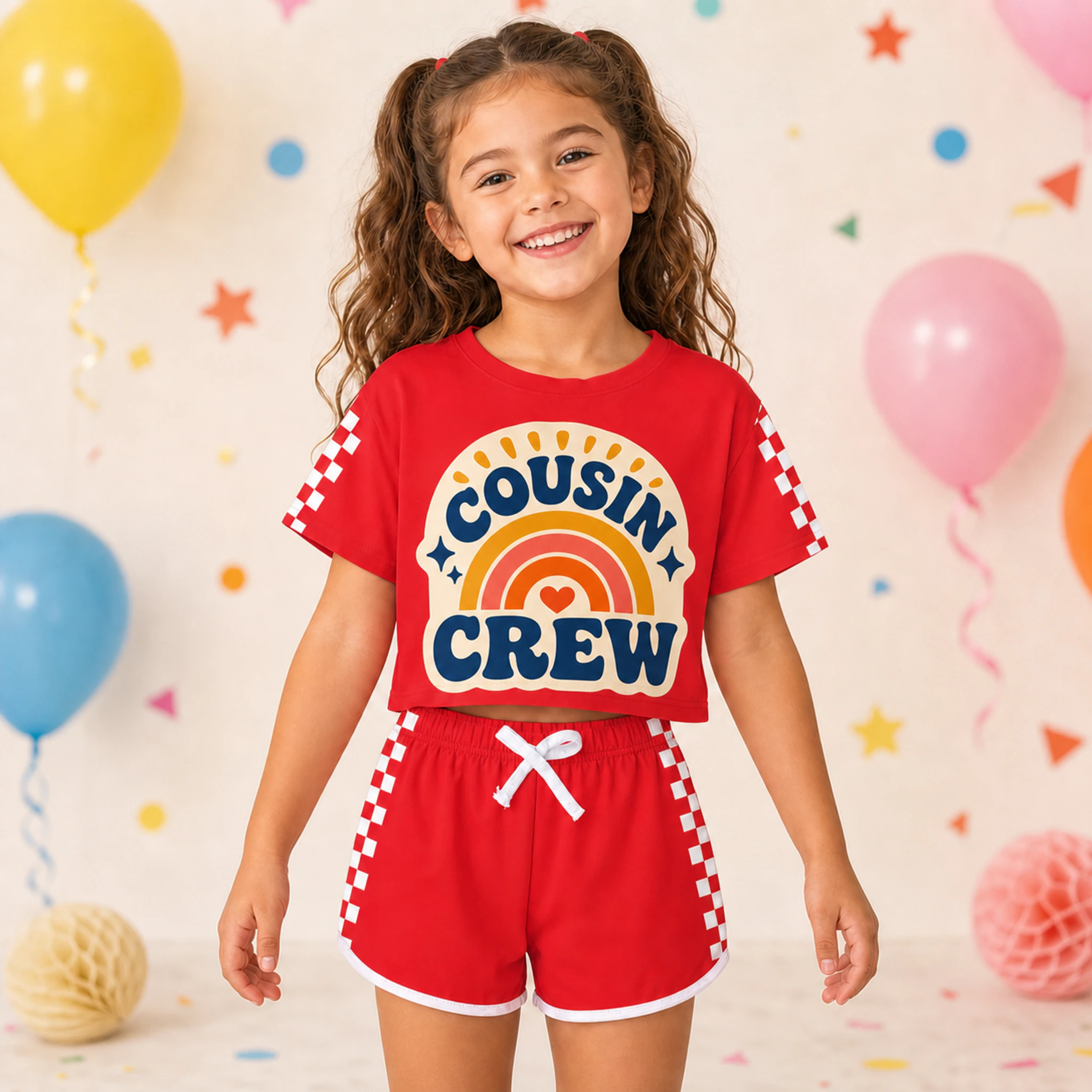 Cousin Crew Custom Family Checker Short-Sleeve Top and Shorts Set shown in a styled lifestyle setting