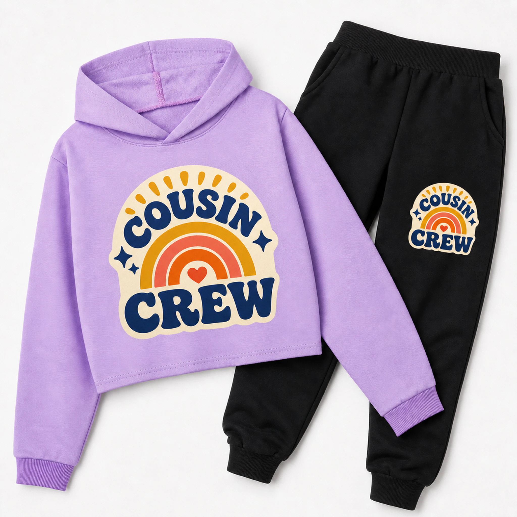 Cousin Crew Custom Girls Cropped Hoodie and Pants Set print, fabric, and construction details