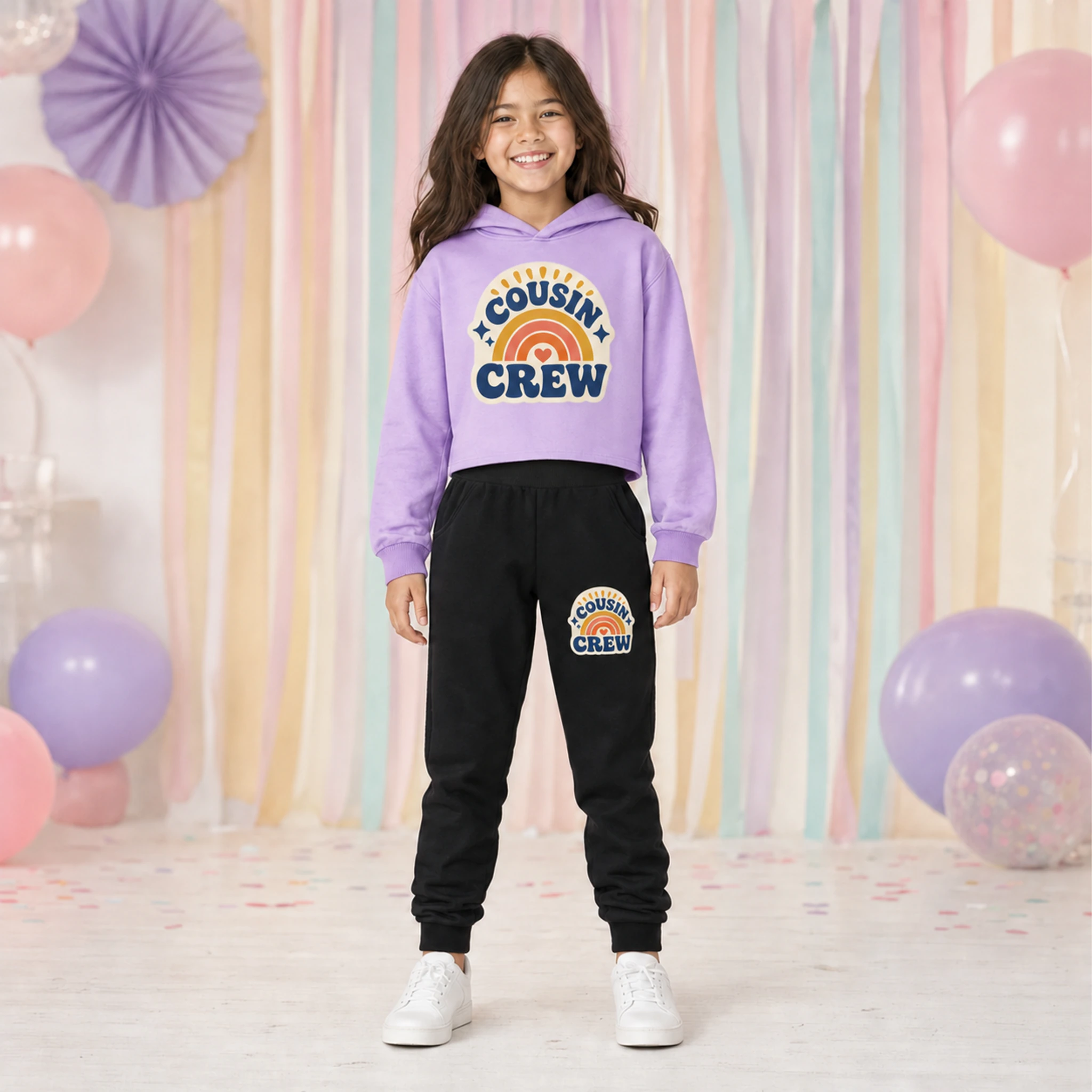 Cousin Crew Custom Girls Cropped Hoodie and Pants Set shown in a styled lifestyle setting