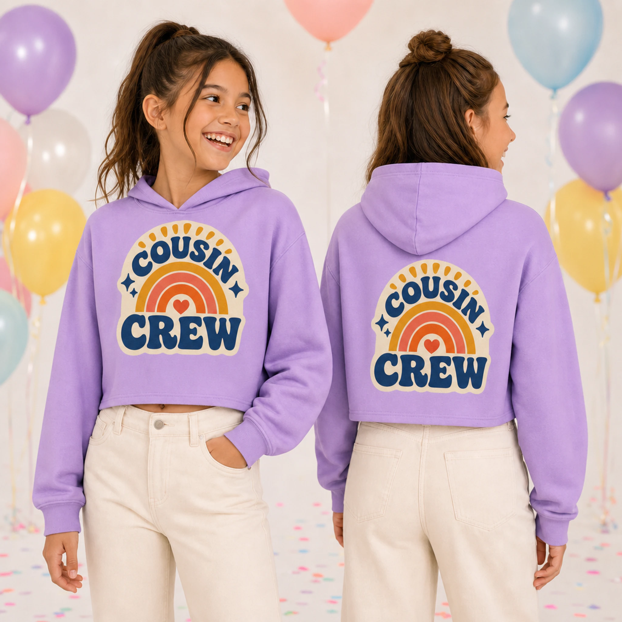 Cousin Crew Custom Girls Cropped Hoodie shown in a styled lifestyle setting