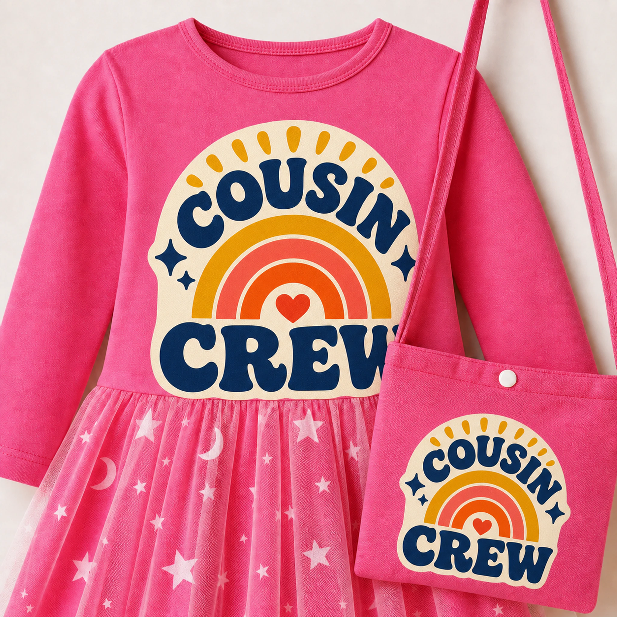 Cousin Crew Custom Girls Long Tulle and Star Skirt Styles with Bag print, fabric, and construction details