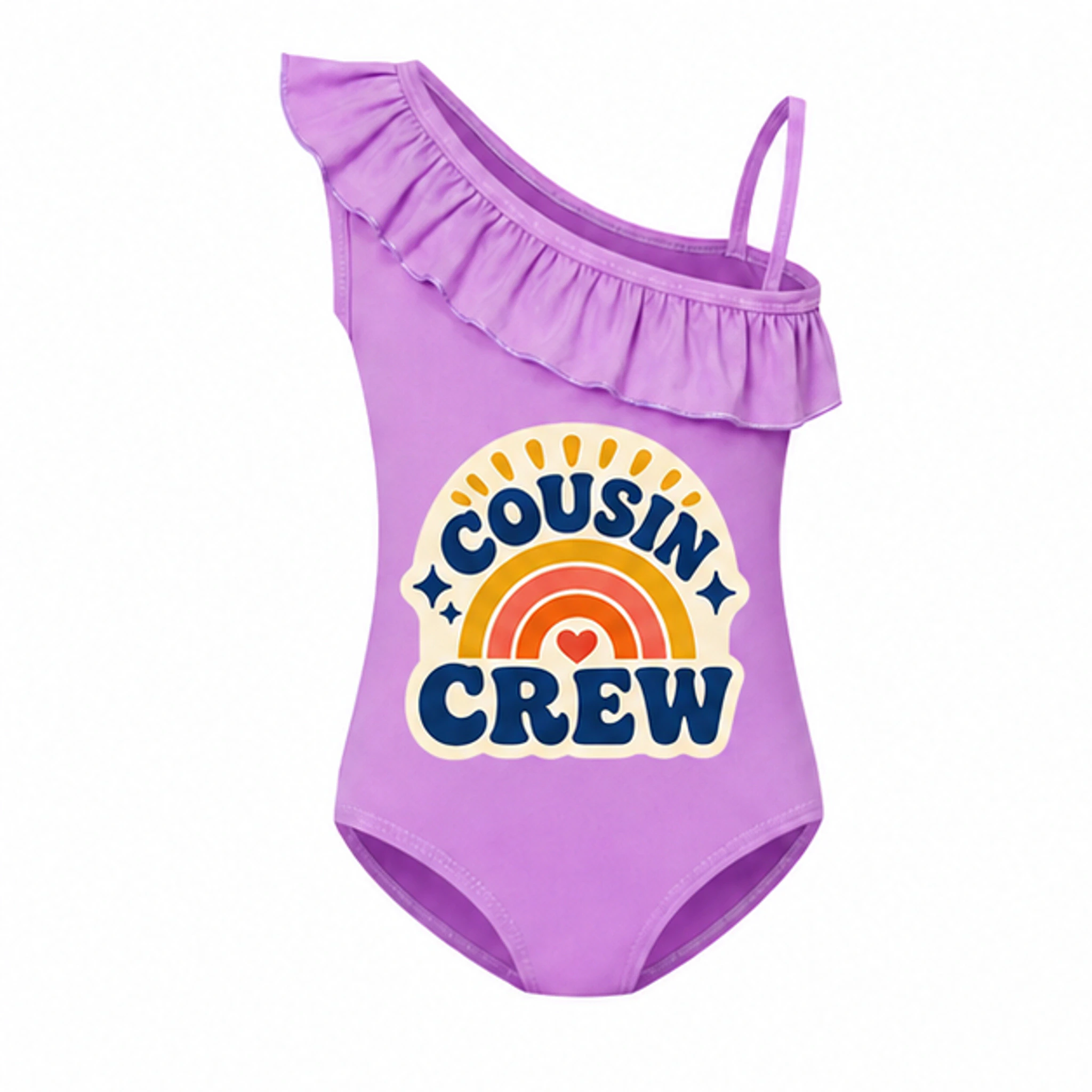 Purple Custom Girls Asymmetric-Ruffle One-Piece Swimsuit with the Cousin Crew design