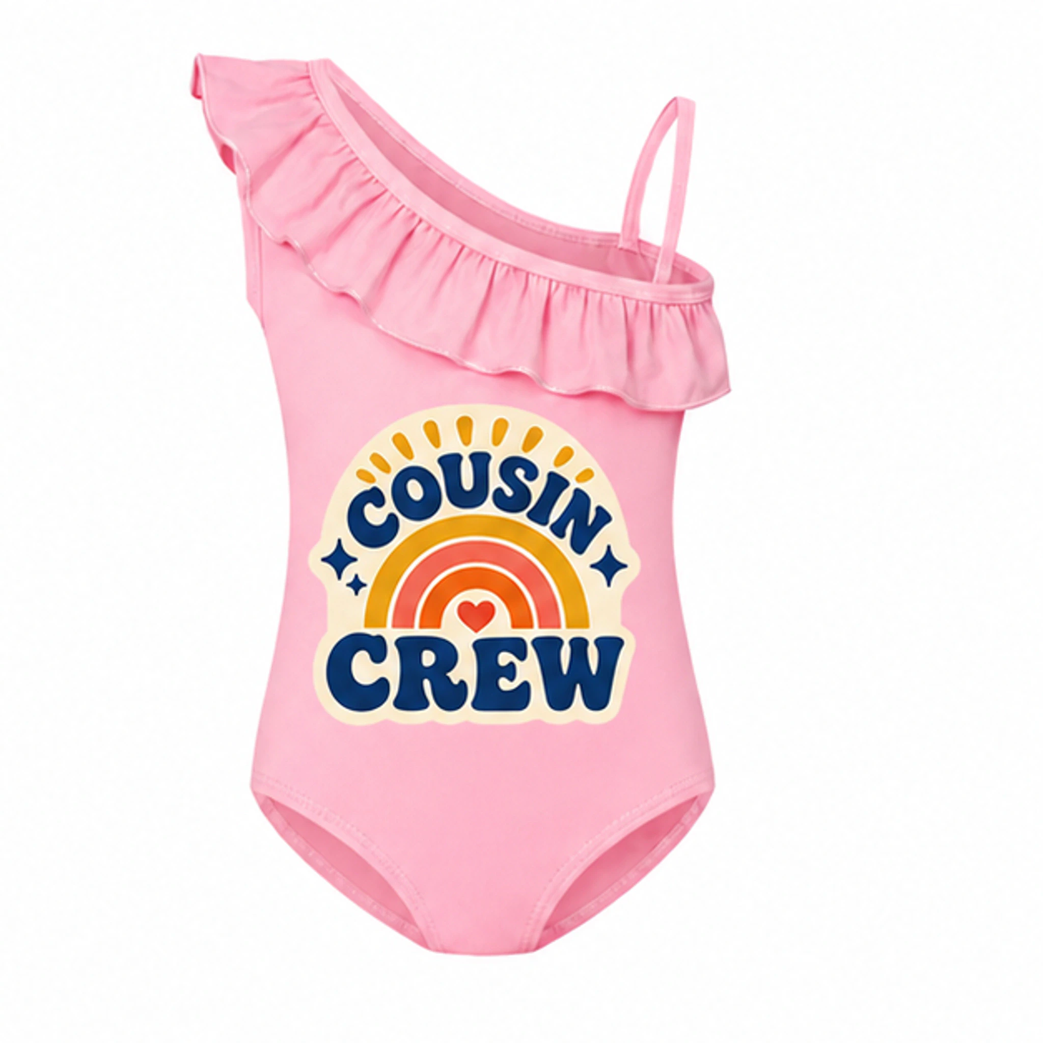 Pink Custom Girls Asymmetric-Ruffle One-Piece Swimsuit with the Cousin Crew design