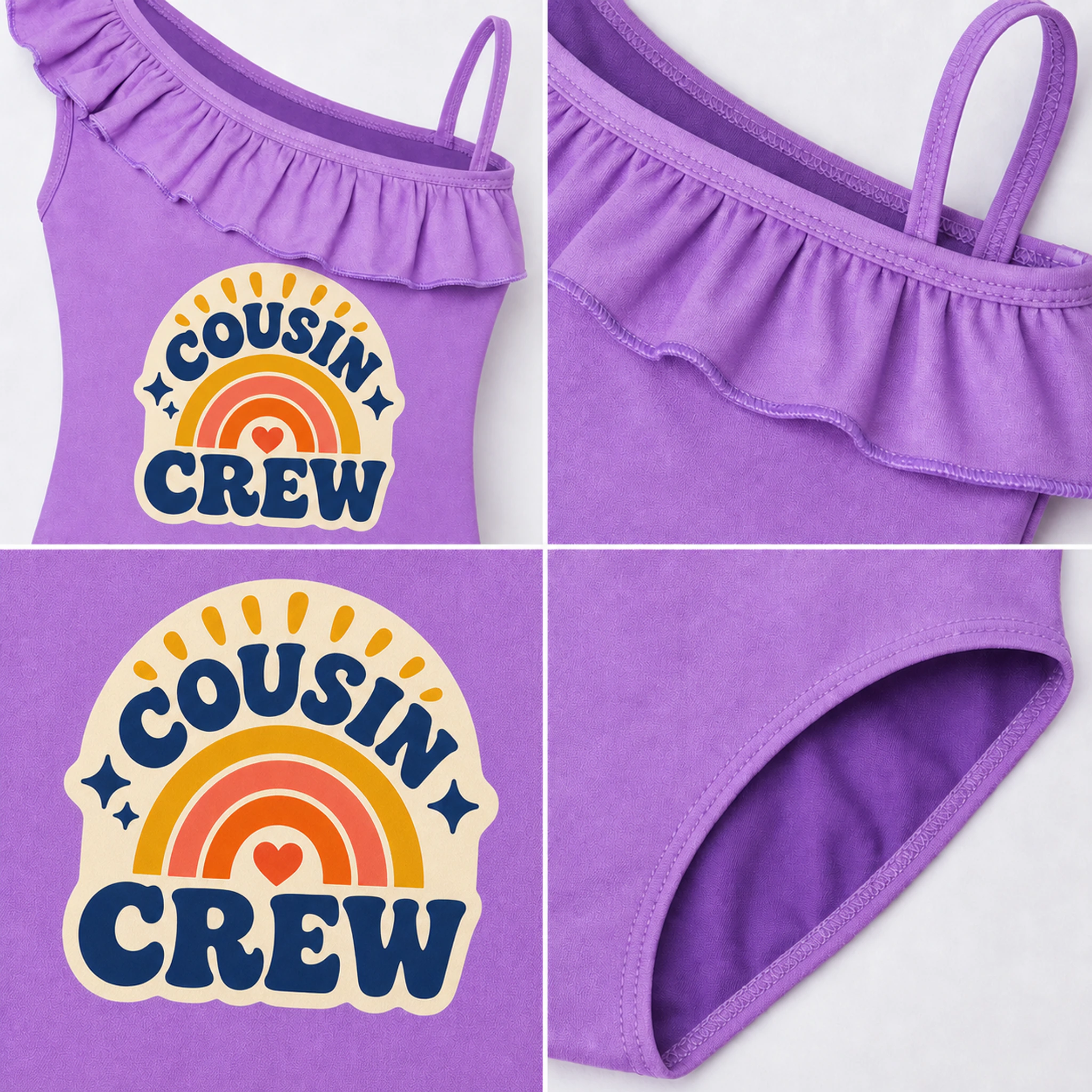 Cousin Crew Custom Girls Asymmetric-Ruffle One-Piece Swimsuit print, fabric, and construction details