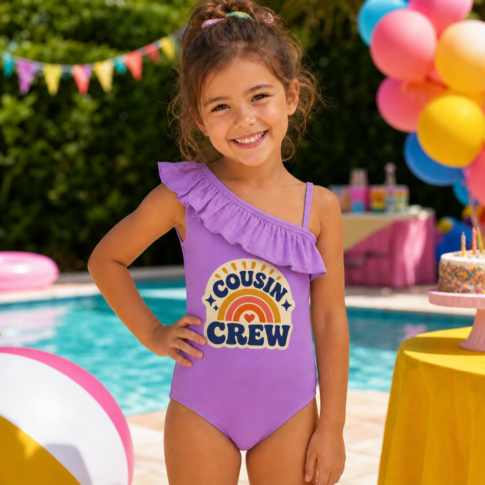 Cousin Crew Custom Girls Asymmetric-Ruffle One-Piece Swimsuit shown in a styled lifestyle setting