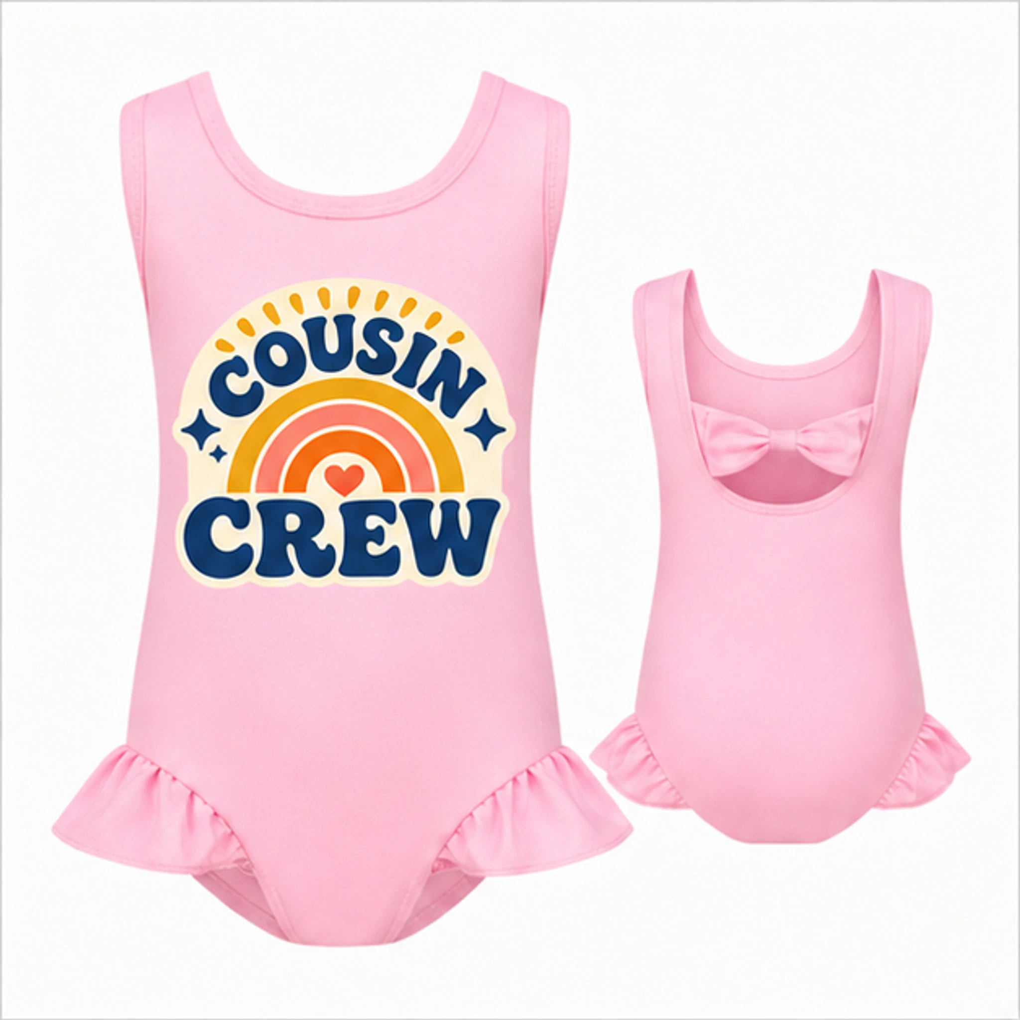 Pink Custom Girls Wide-Strap Bow-Back One-Piece Swimsuit with the Cousin Crew design