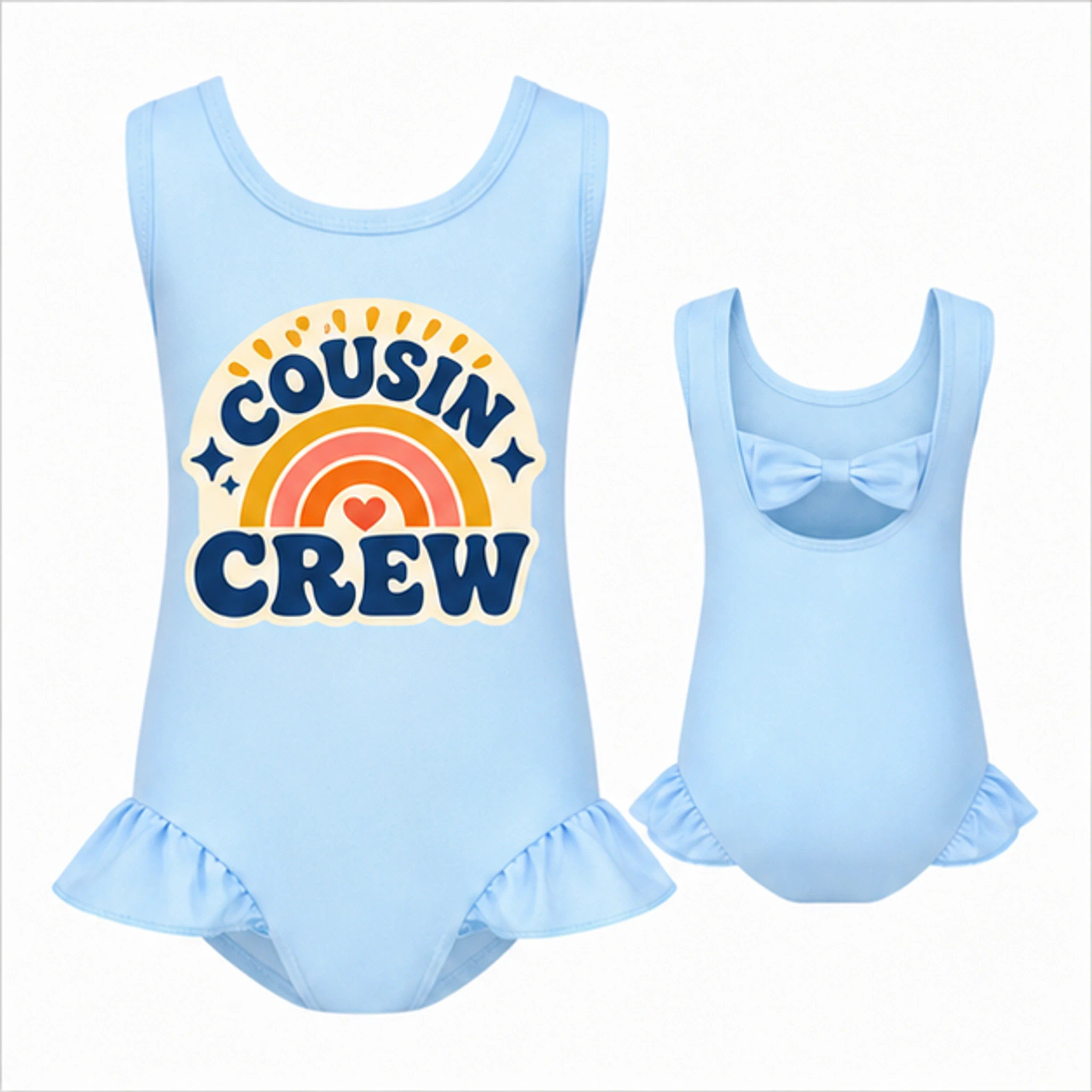 Light Blue Custom Girls Wide-Strap Bow-Back One-Piece Swimsuit with the Cousin Crew design