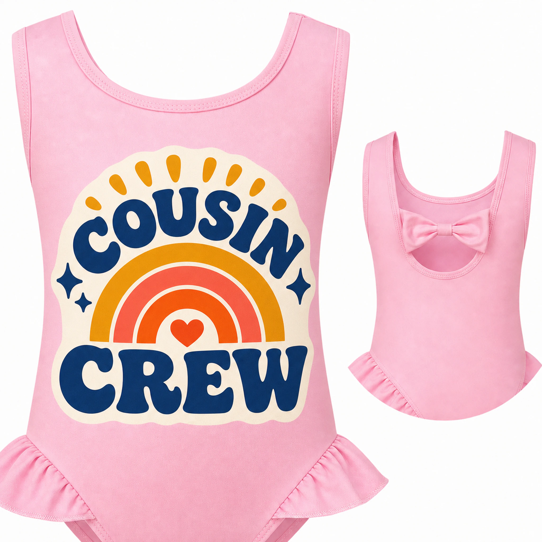 Cousin Crew Custom Girls Wide-Strap Bow-Back One-Piece Swimsuit print, fabric, and construction details