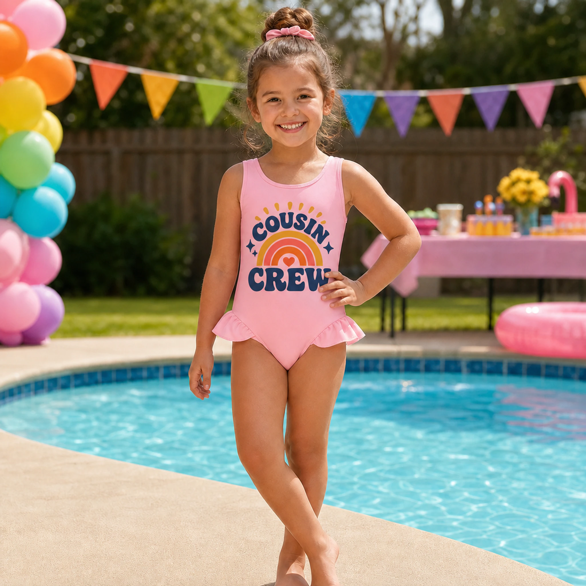 Cousin Crew Custom Girls Wide-Strap Bow-Back One-Piece Swimsuit shown in a styled lifestyle setting
