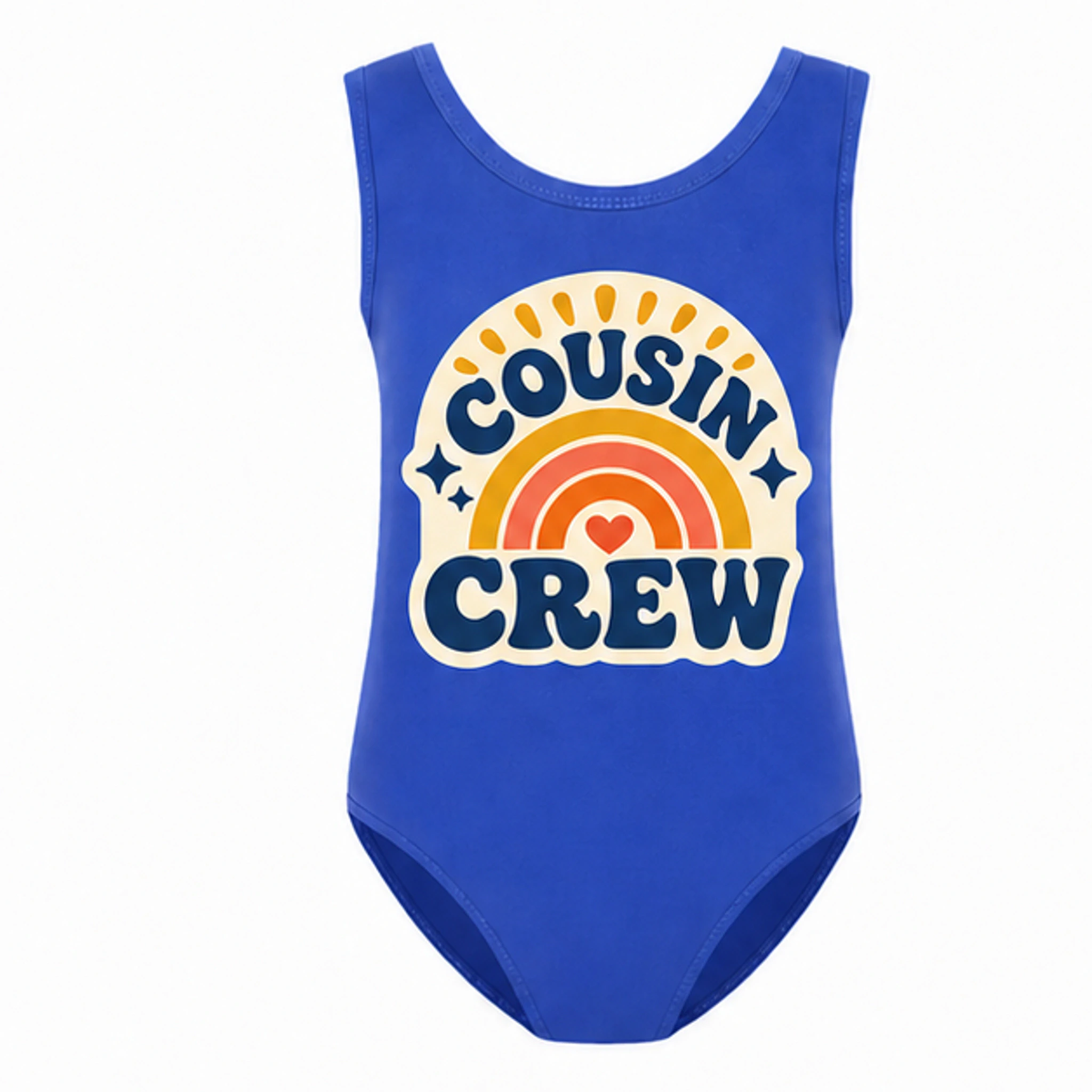 Blue Custom Girls Ruffle-Hem One-Piece Swimsuit with the Cousin Crew design