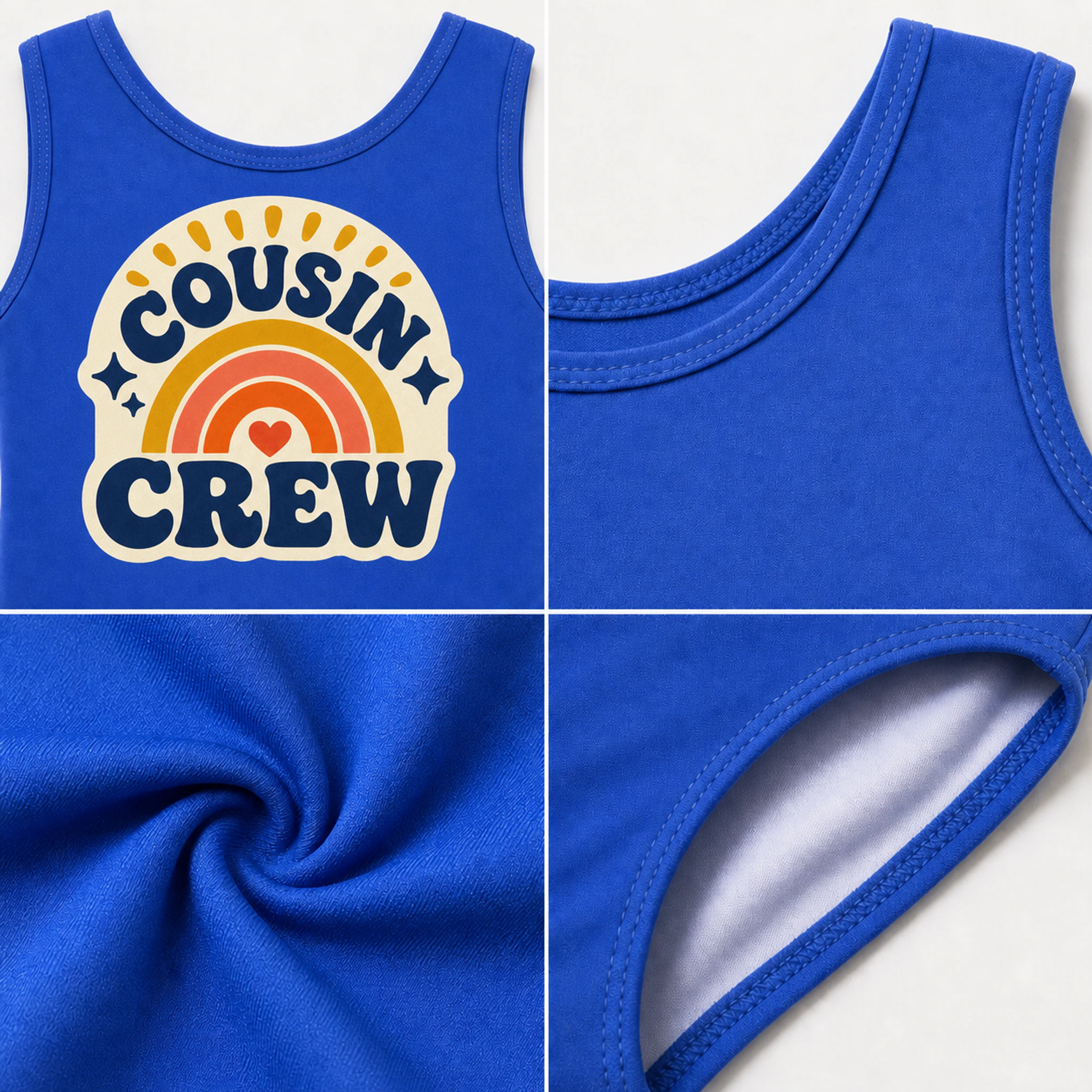 Cousin Crew Custom Girls Ruffle-Hem One-Piece Swimsuit print, fabric, and construction details