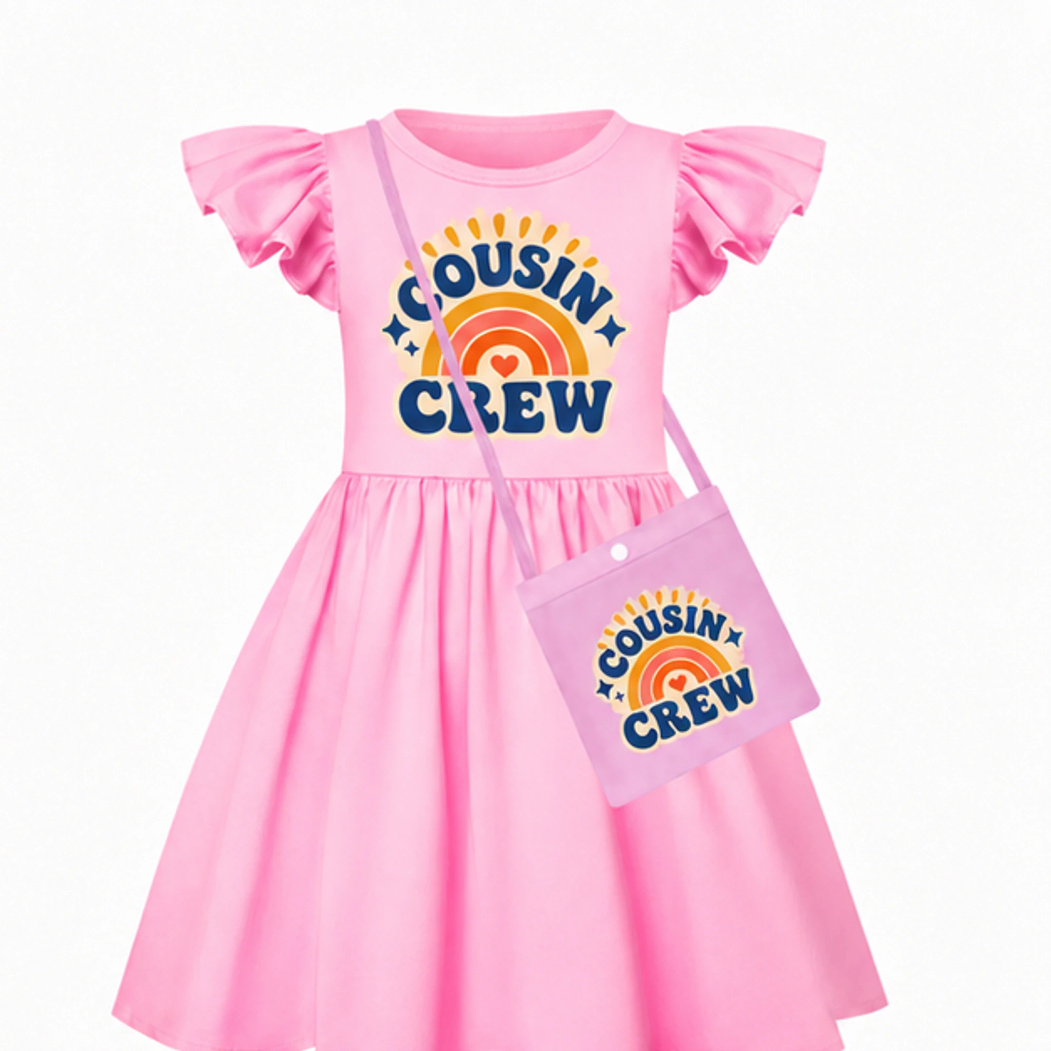 Pink · with Bag Custom Girls Short-Sleeve Sleep Dress with Crossbody Bag with the Cousin Crew design