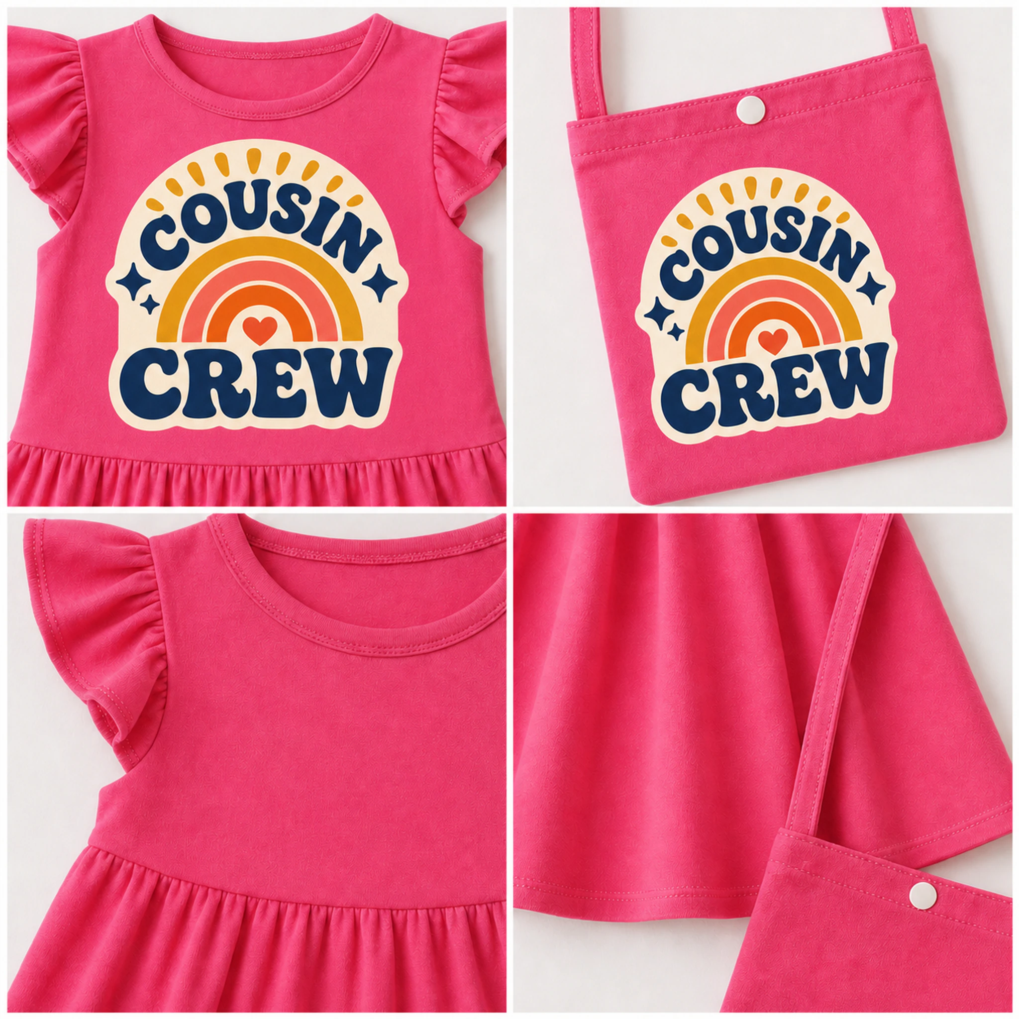 Cousin Crew Custom Girls Short-Sleeve Sleep Dress with Crossbody Bag print, fabric, and construction details