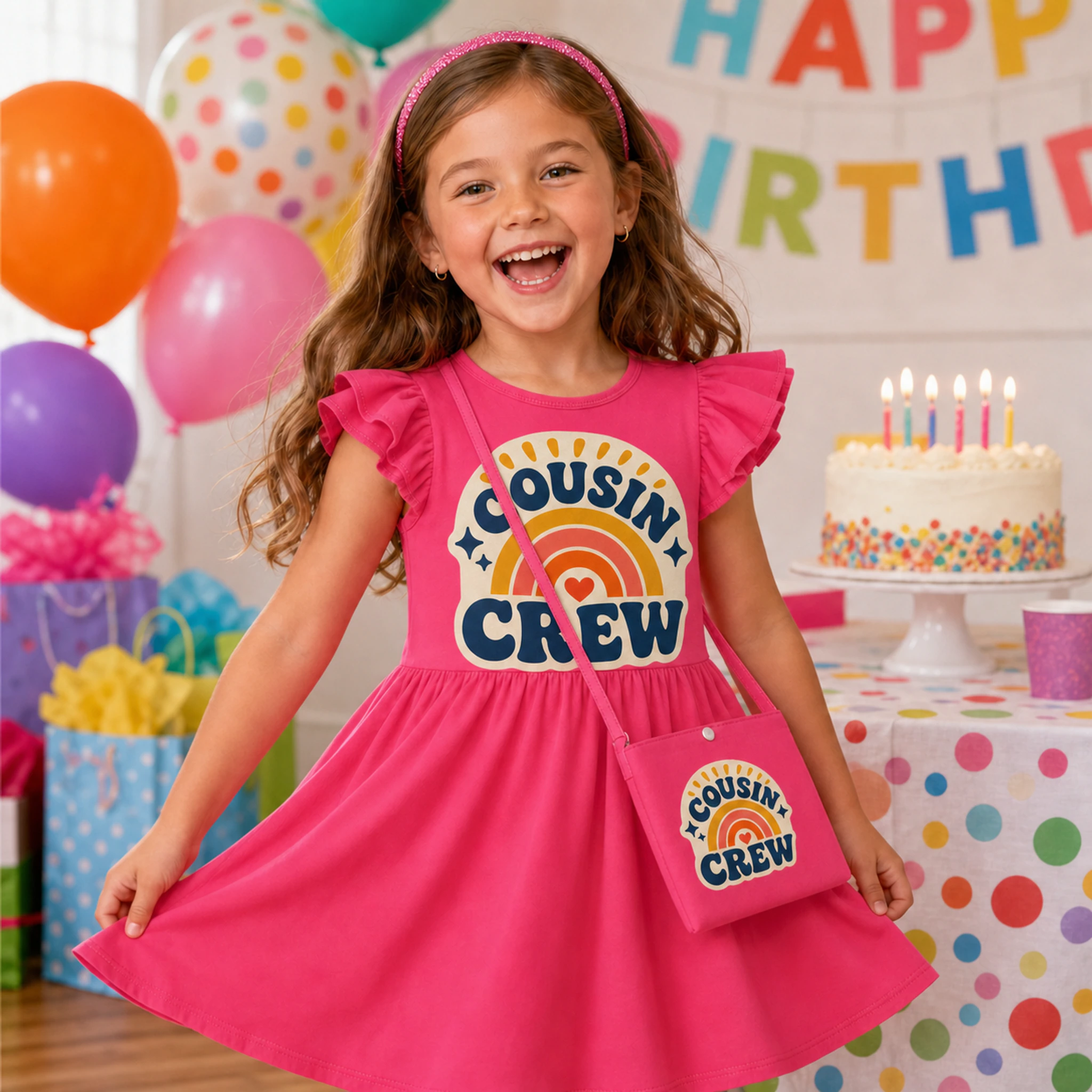 Cousin Crew Custom Girls Short-Sleeve Sleep Dress with Crossbody Bag shown in a styled lifestyle setting