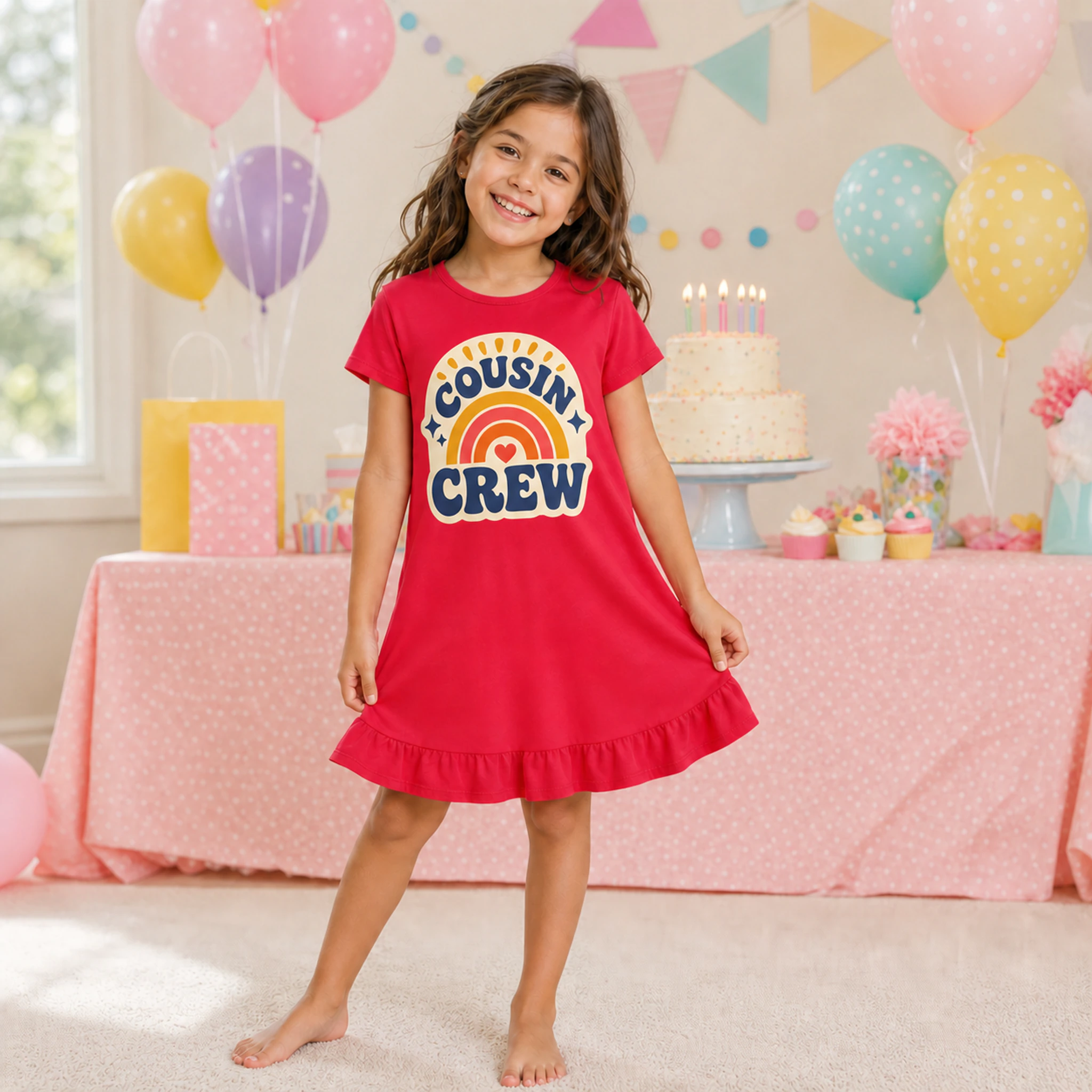 Cousin Crew Custom Girls Short-Sleeve Sleep Dress shown in a styled lifestyle setting