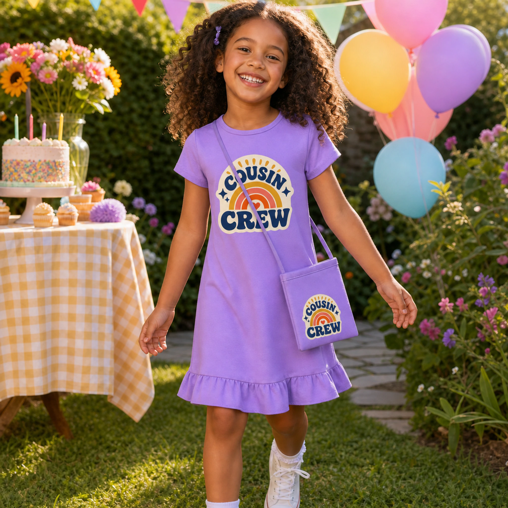 Cousin Crew Custom Girls Short-Sleeve Sleep Dress with Matching Bag shown in a styled lifestyle setting