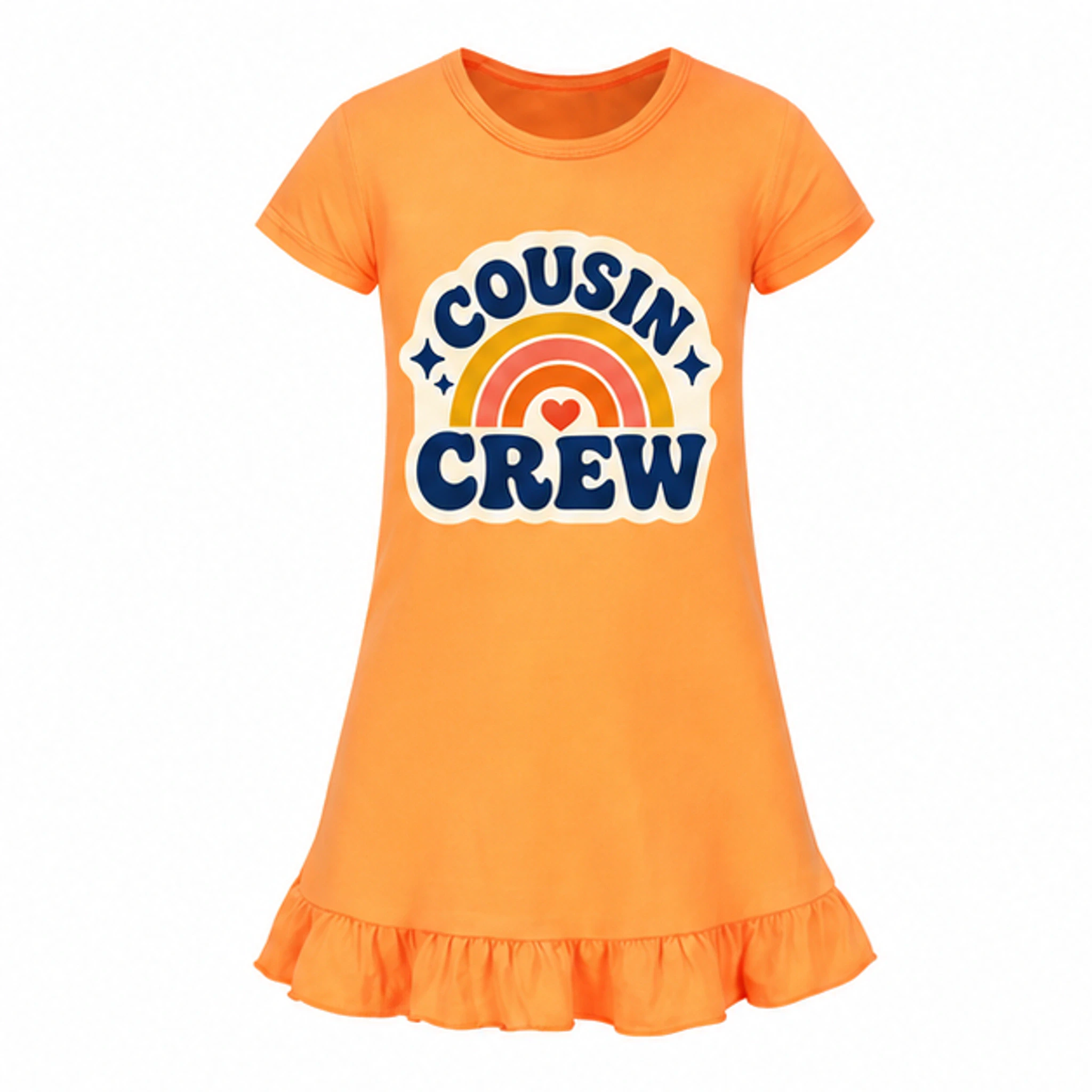 Orange Custom Girls Short-Sleeve Sleep Dress with the Cousin Crew design