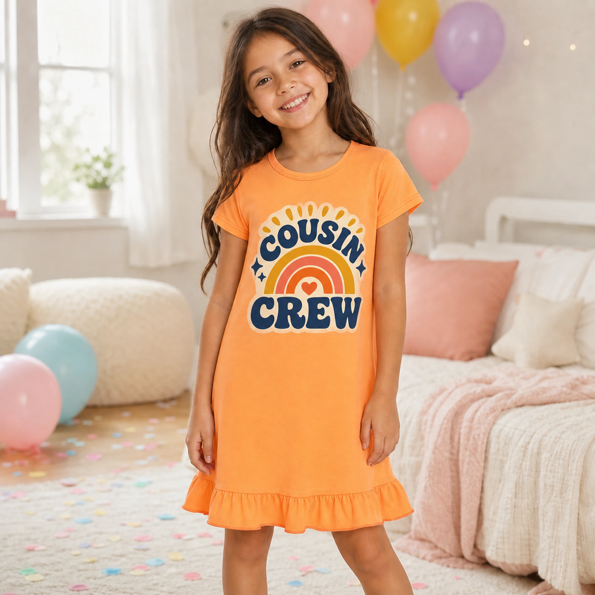 Cousin Crew Custom Girls Short-Sleeve Sleep Dress shown in a styled lifestyle setting