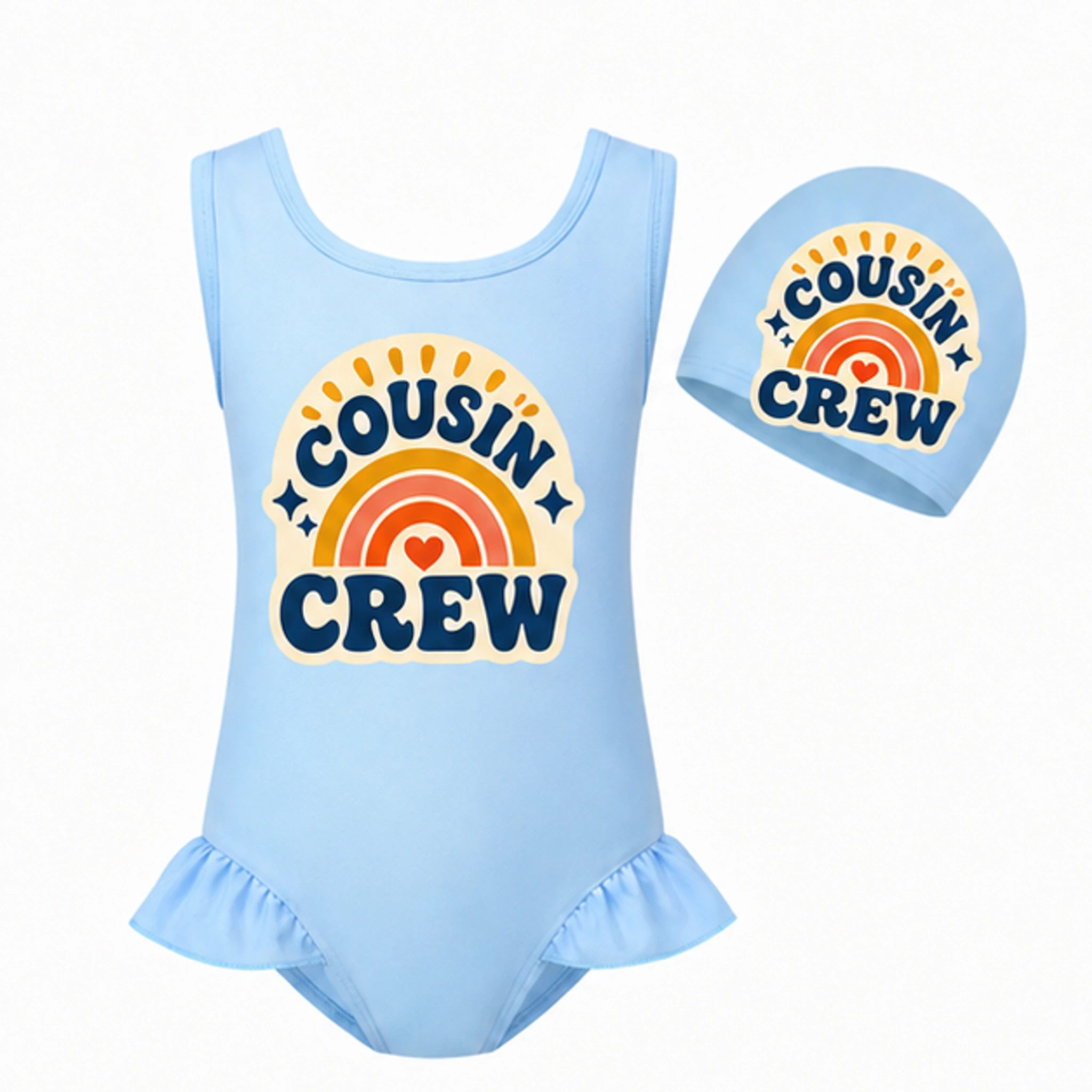Light Blue · Set Custom Girls Wide-Strap Swimsuit and Cap Set with the Cousin Crew design