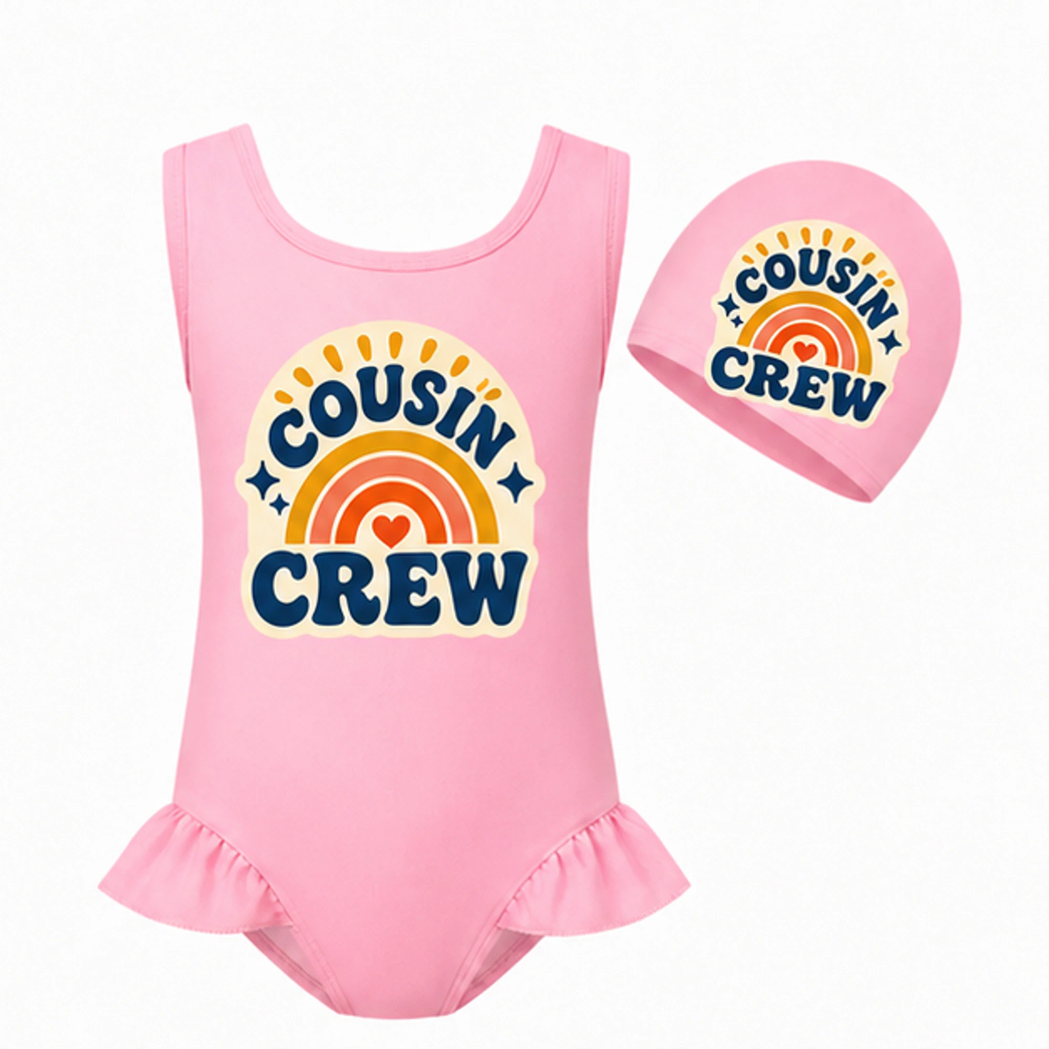 Pink · Set Custom Girls Wide-Strap Swimsuit and Cap Set with the Cousin Crew design