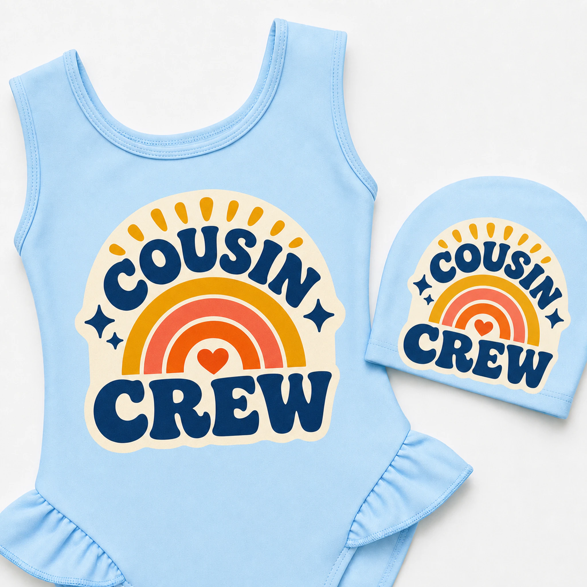 Cousin Crew Custom Girls Wide-Strap Swimsuit and Cap Set print, fabric, and construction details