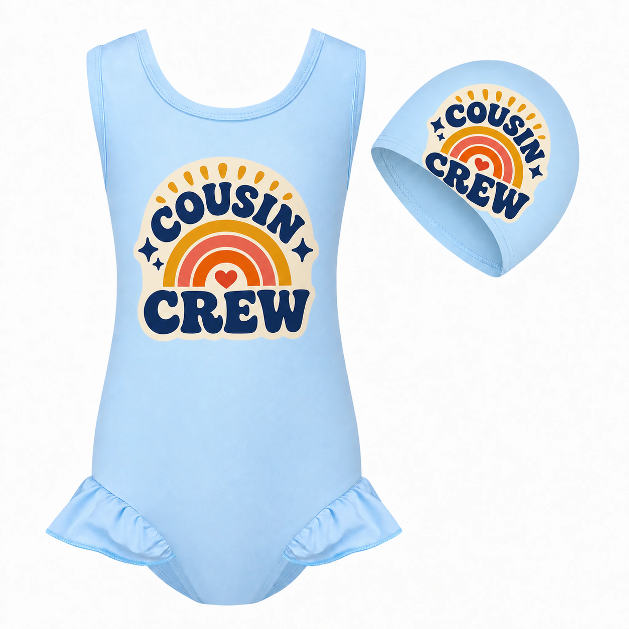 Cousin Crew Girls Wide-Strap Swimsuit and Cap Set for Kids product preview