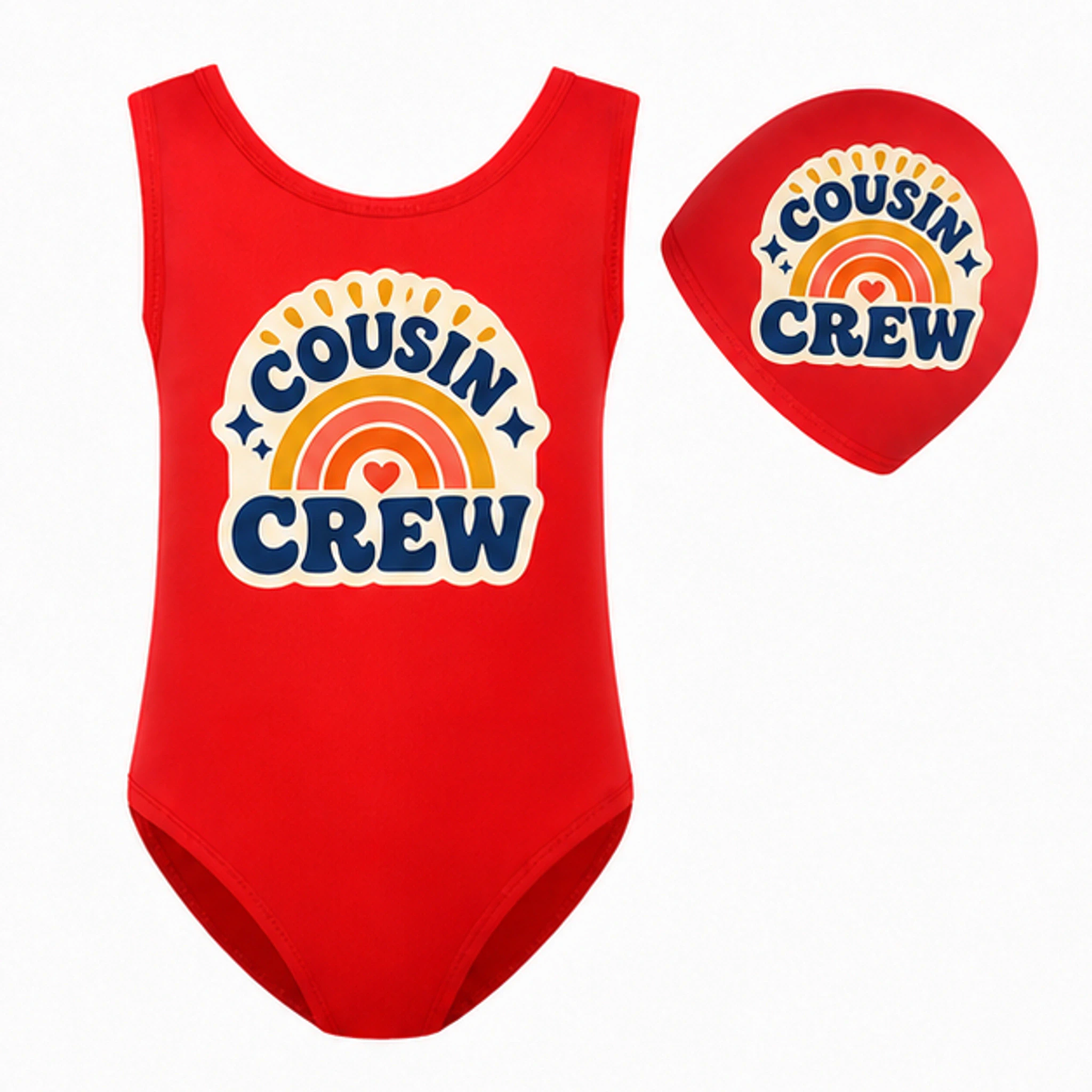 Red · Set Custom Girls Ruffle Swimsuit and Cap Set with the Cousin Crew design