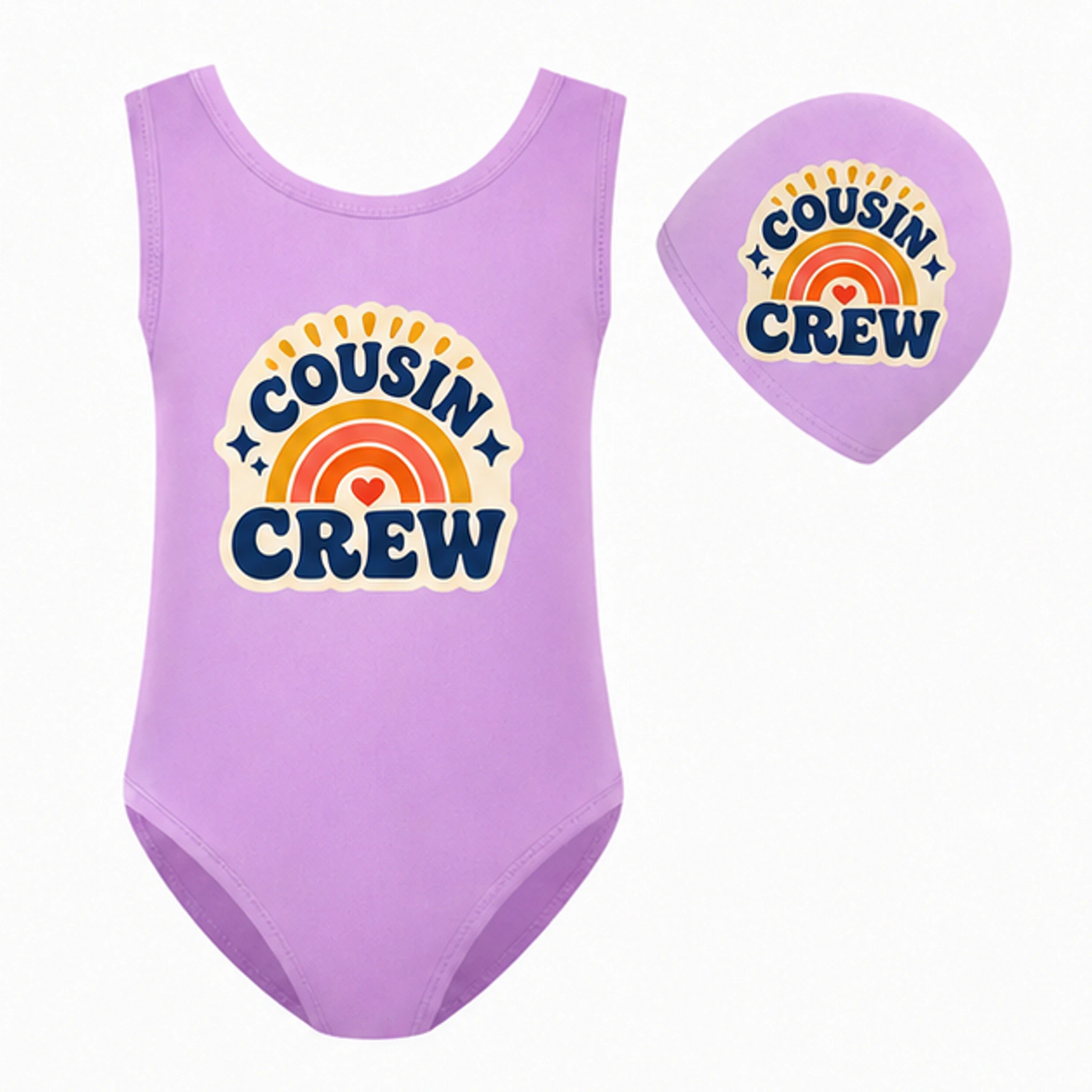 Purple · Set Custom Girls Ruffle Swimsuit and Cap Set with the Cousin Crew design