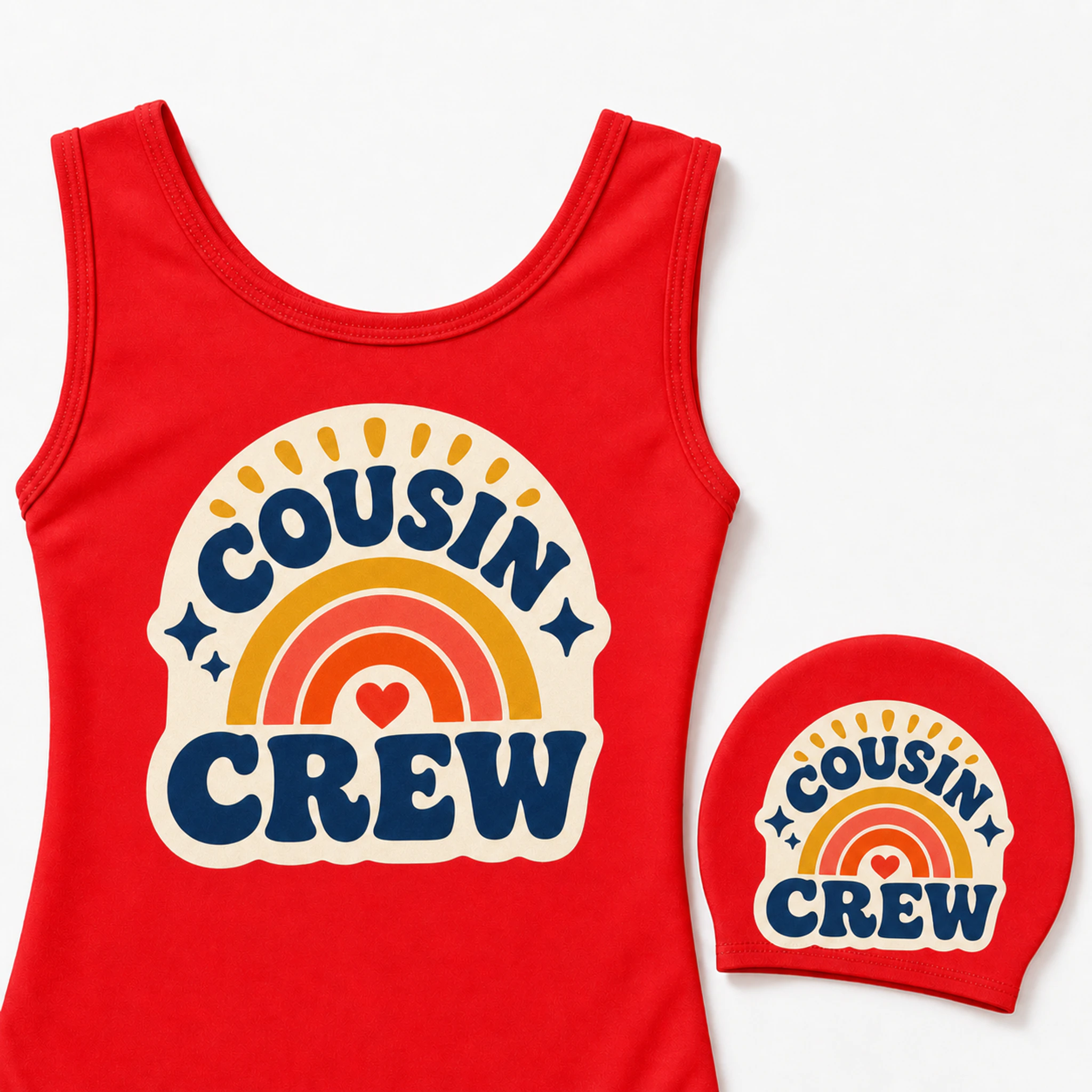 Cousin Crew Custom Girls Ruffle Swimsuit and Cap Set print, fabric, and construction details