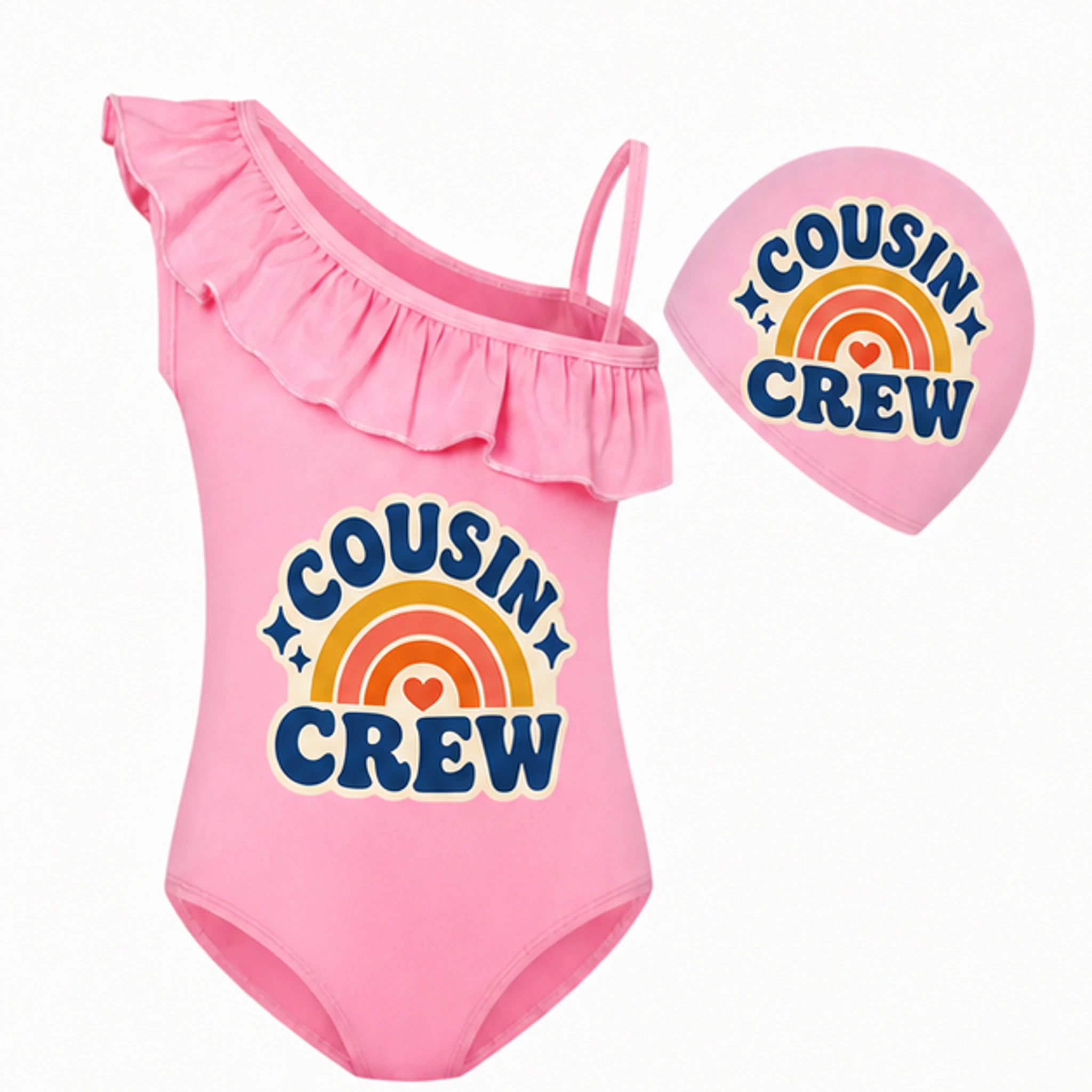 Pink · Set Custom Girls Asymmetric-Ruffle Swimsuit and Cap Set with the Cousin Crew design